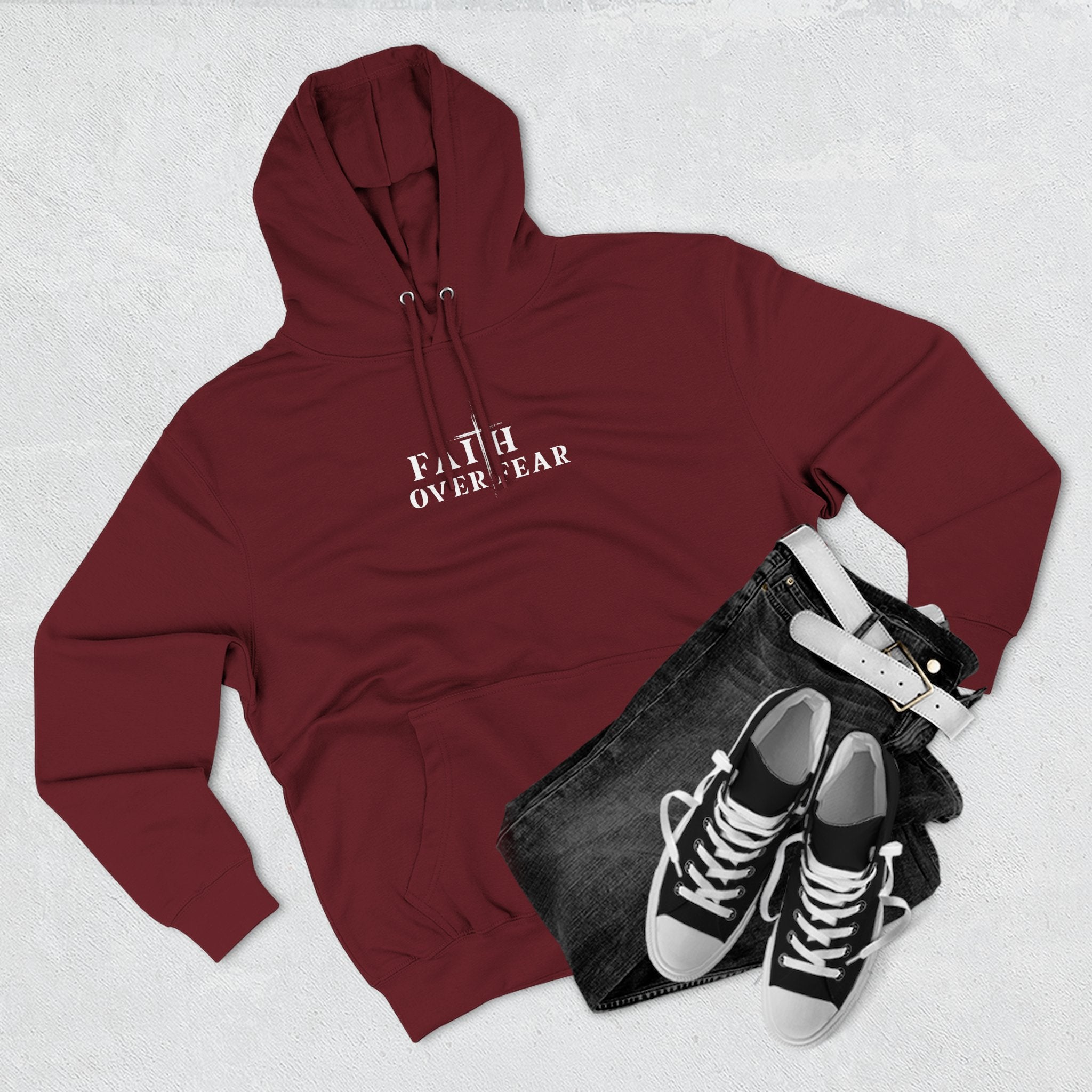 Faith Over Fear Fleece Hoodie – Proverbs 29:25 (white font)