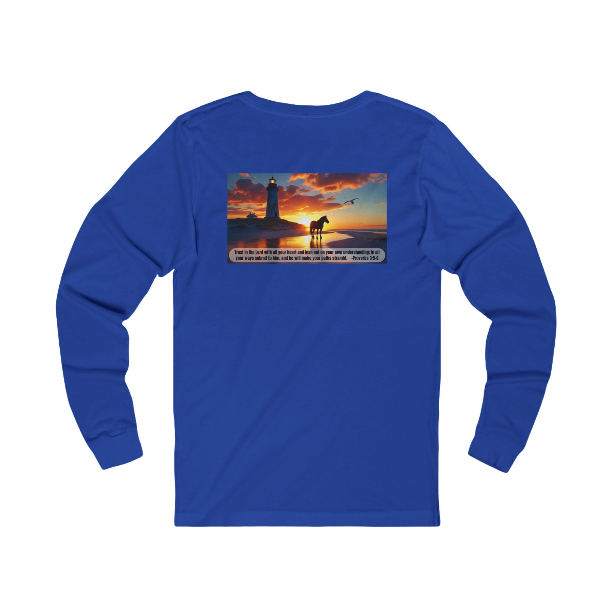 Living Anchored Jersey Long Sleeve Tee – Proverbs 3:5-6 Horse & Lighthouse Design