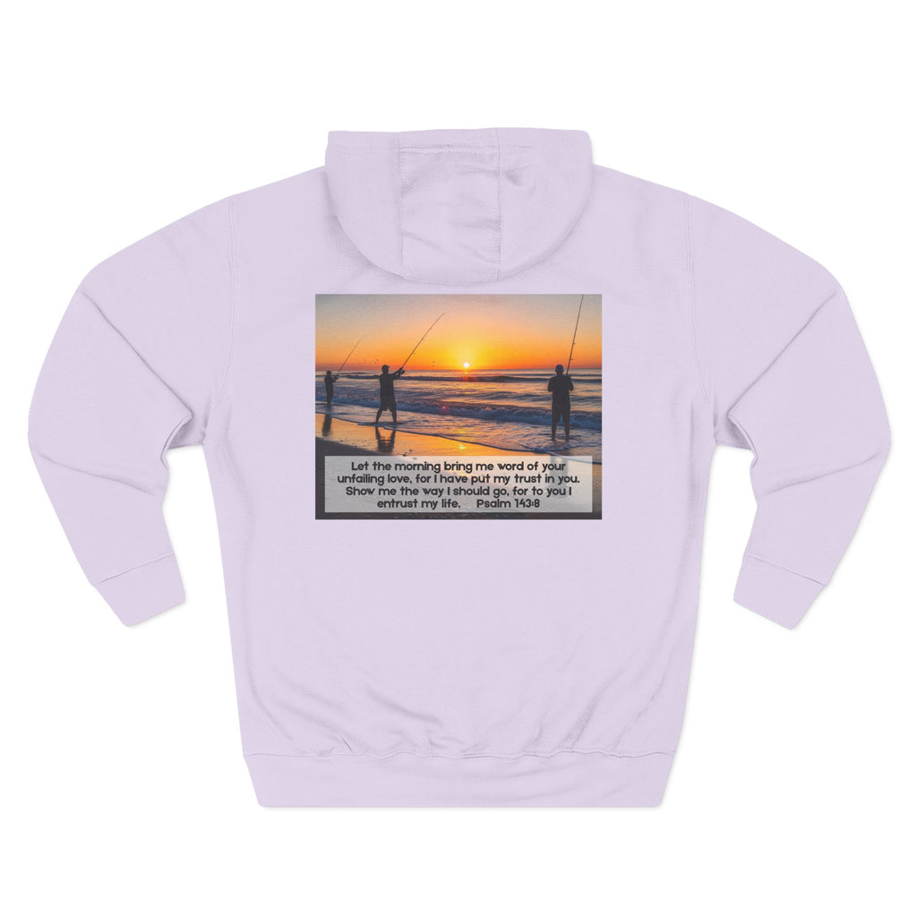 Living Anchored Fleece Hoodie – Fishing Sunset with Psalm 143:8