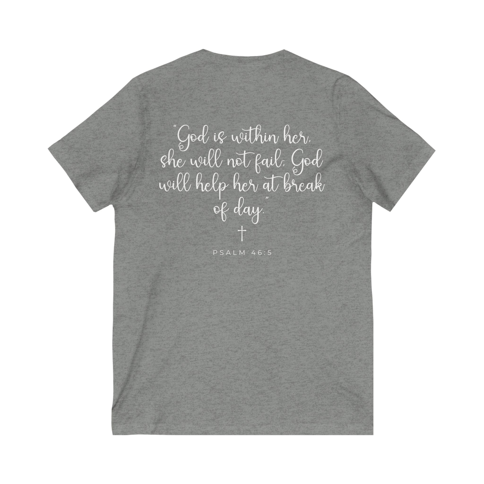 Living Anchored | V-Neck Tee with Psalm 46:5 (White Script)