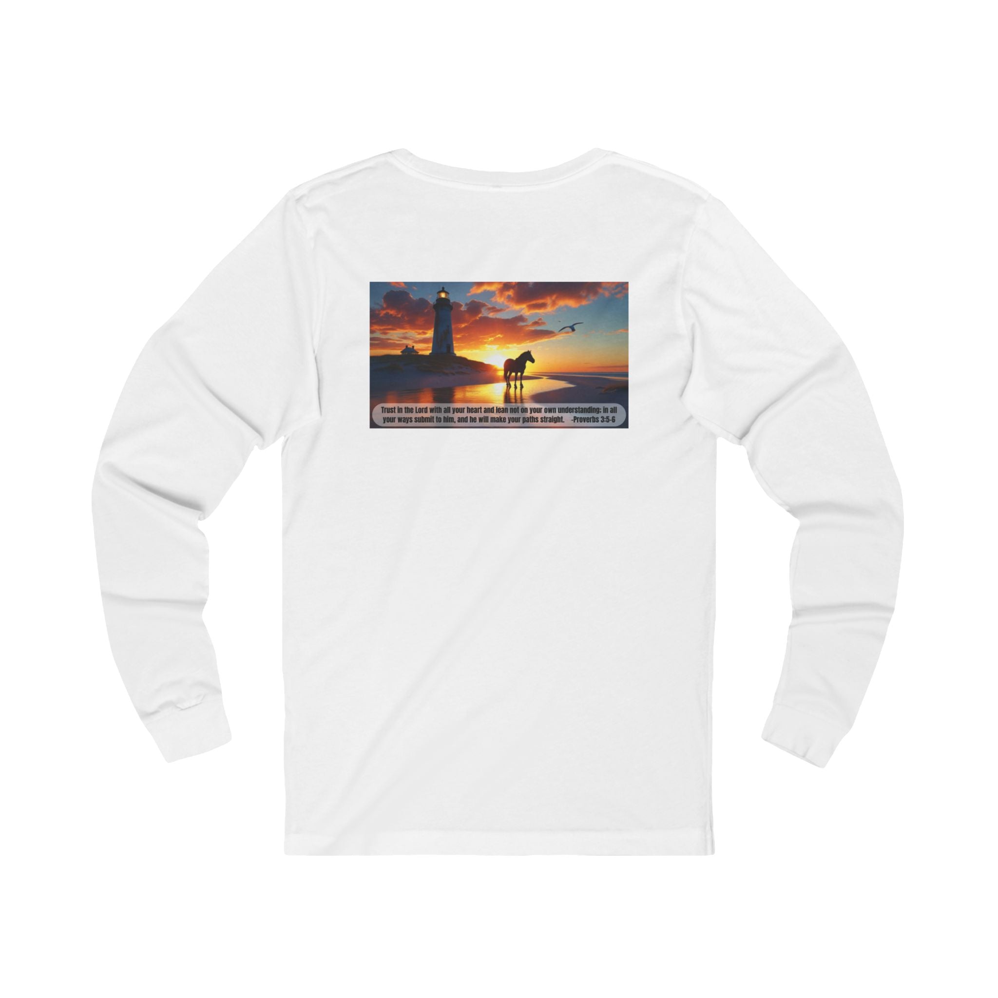 Living Anchored Jersey Long Sleeve Tee – Proverbs 3:5-6 Horse & Lighthouse Design