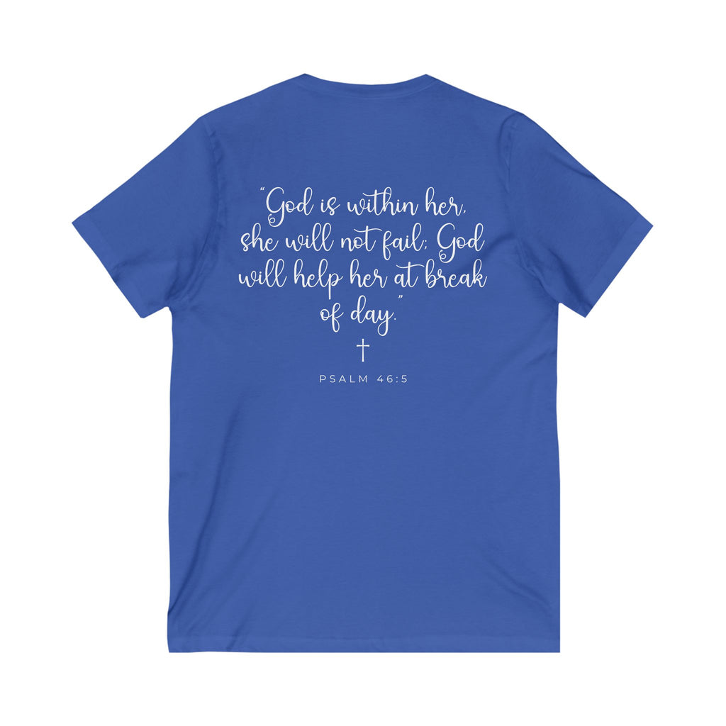 Living Anchored | V-Neck Tee with Psalm 46:5 (White Script)