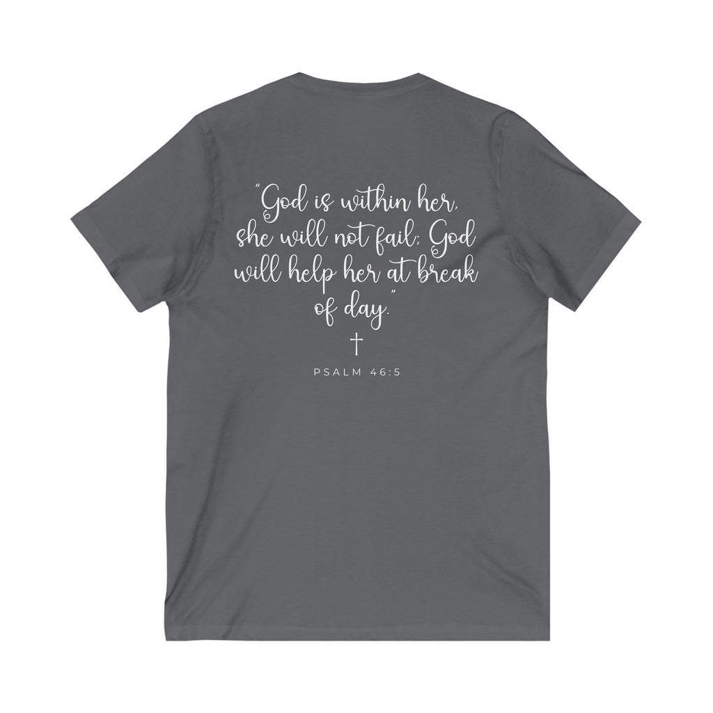 Living Anchored | V-Neck Tee with Psalm 46:5 (White Script)