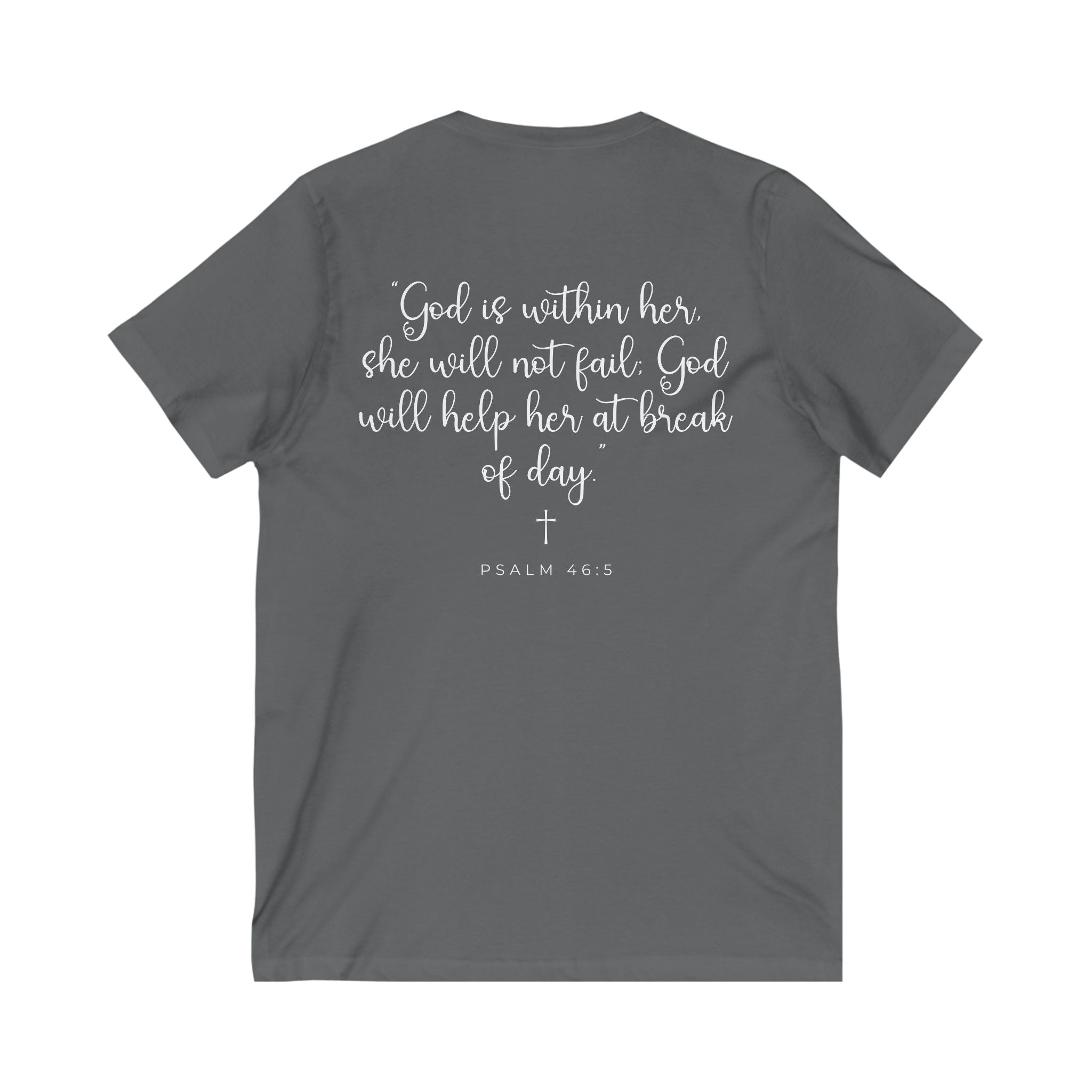 Living Anchored | V-Neck Tee with Psalm 46:5 (White Script)