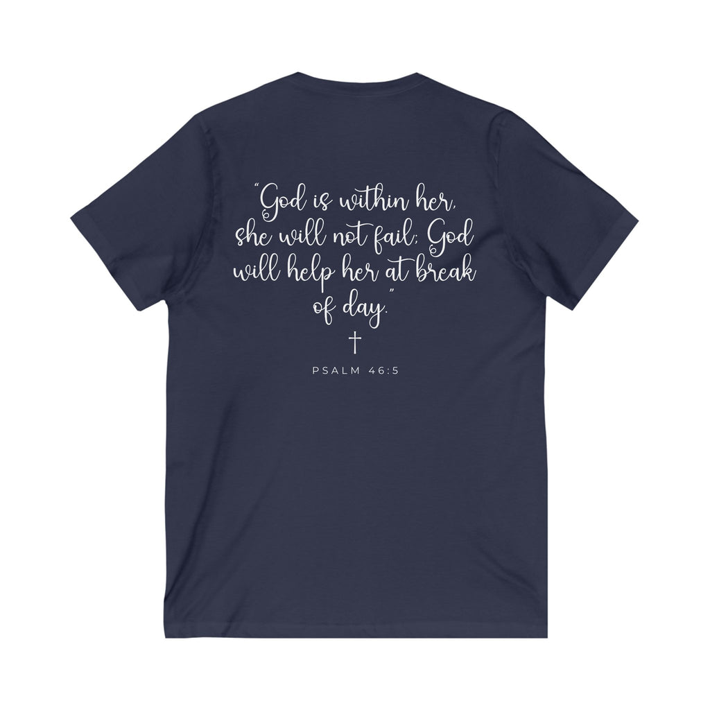 Living Anchored | V-Neck Tee with Psalm 46:5 (White Script)