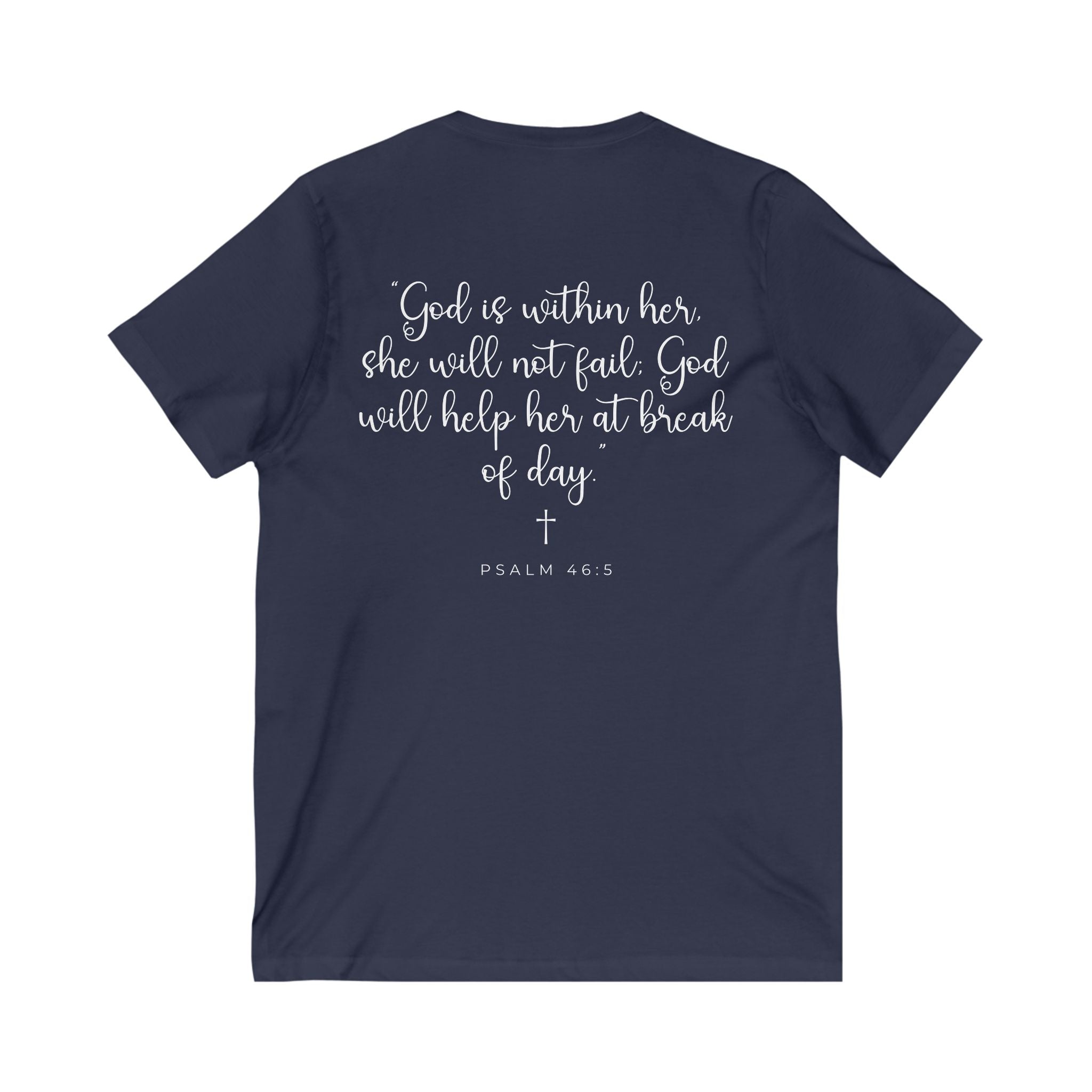 Living Anchored | V-Neck Tee with Psalm 46:5 (White Script)