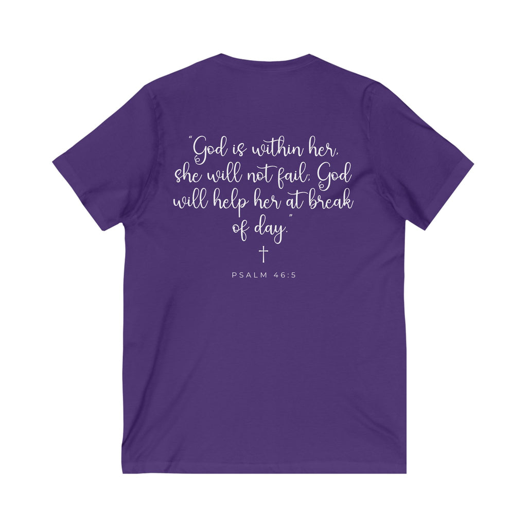 Living Anchored | V-Neck Tee with Psalm 46:5 (White Script)