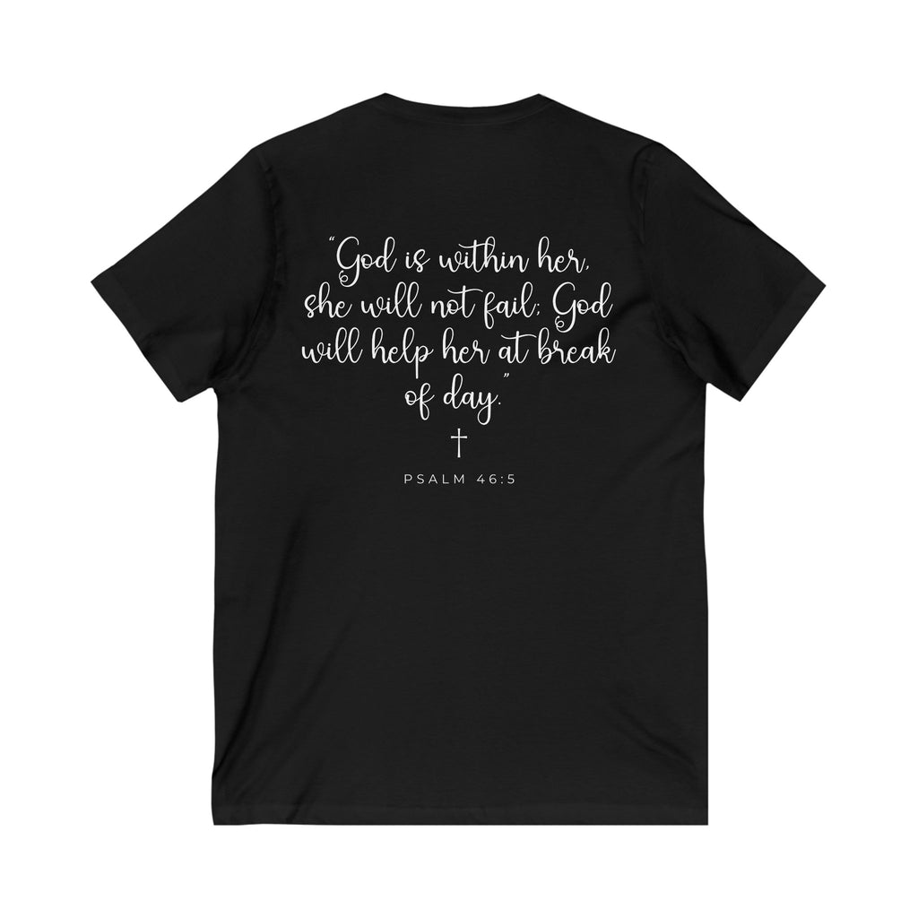 Living Anchored | V-Neck Tee with Psalm 46:5 (White Script)