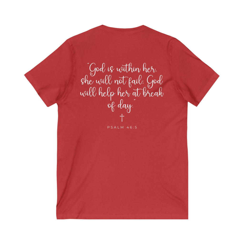 Living Anchored | V-Neck Tee with Psalm 46:5 (White Script)