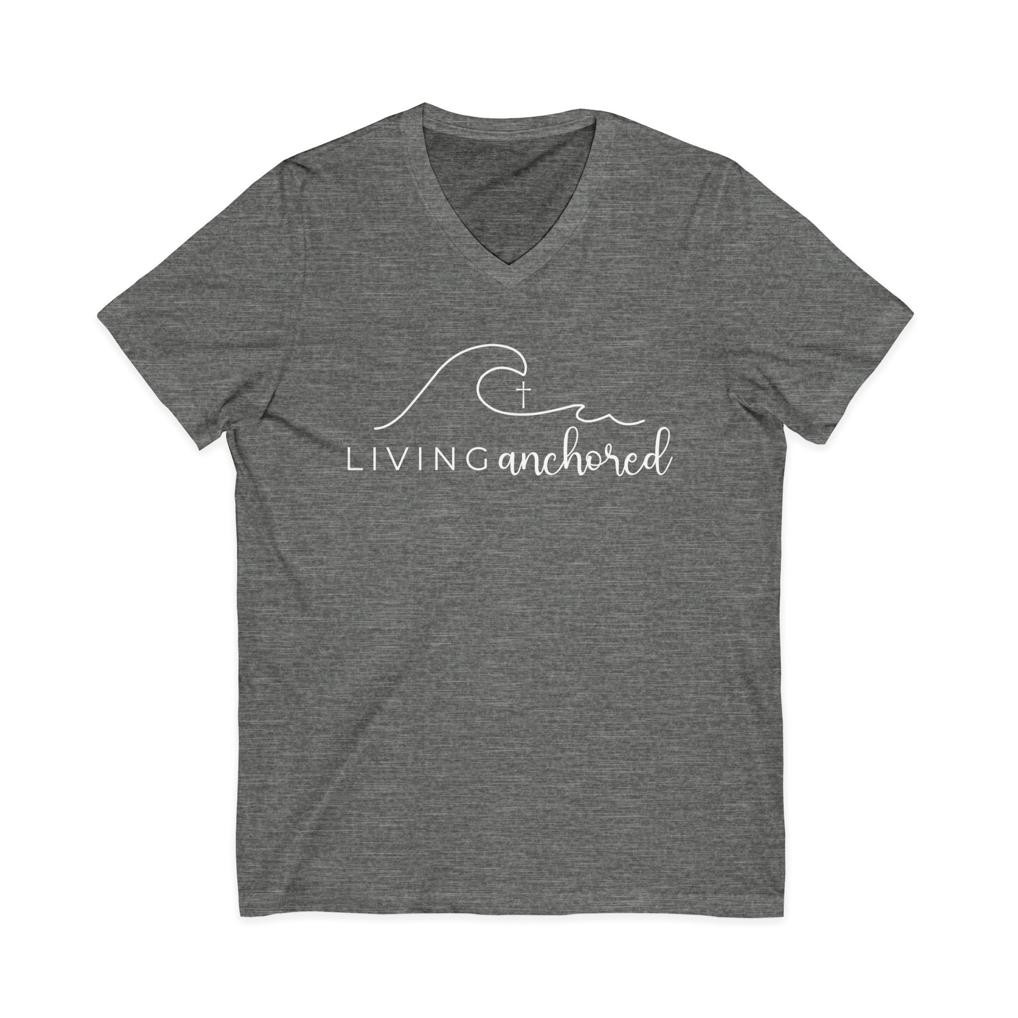 Copy of Living Anchored | V-Neck Tee with Psalm 46:5 (White Script)