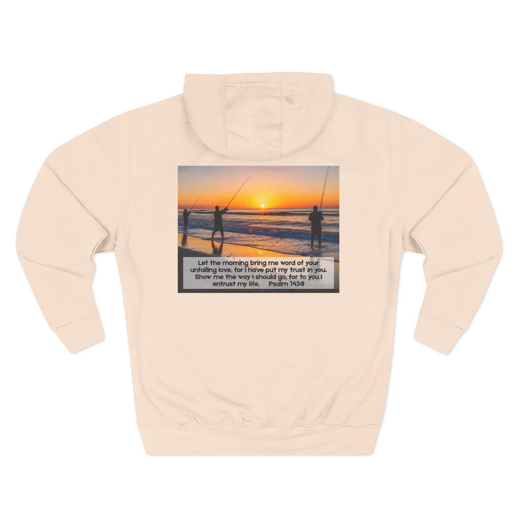 Living Anchored Fleece Hoodie – Fishing Sunset with Psalm 143:8