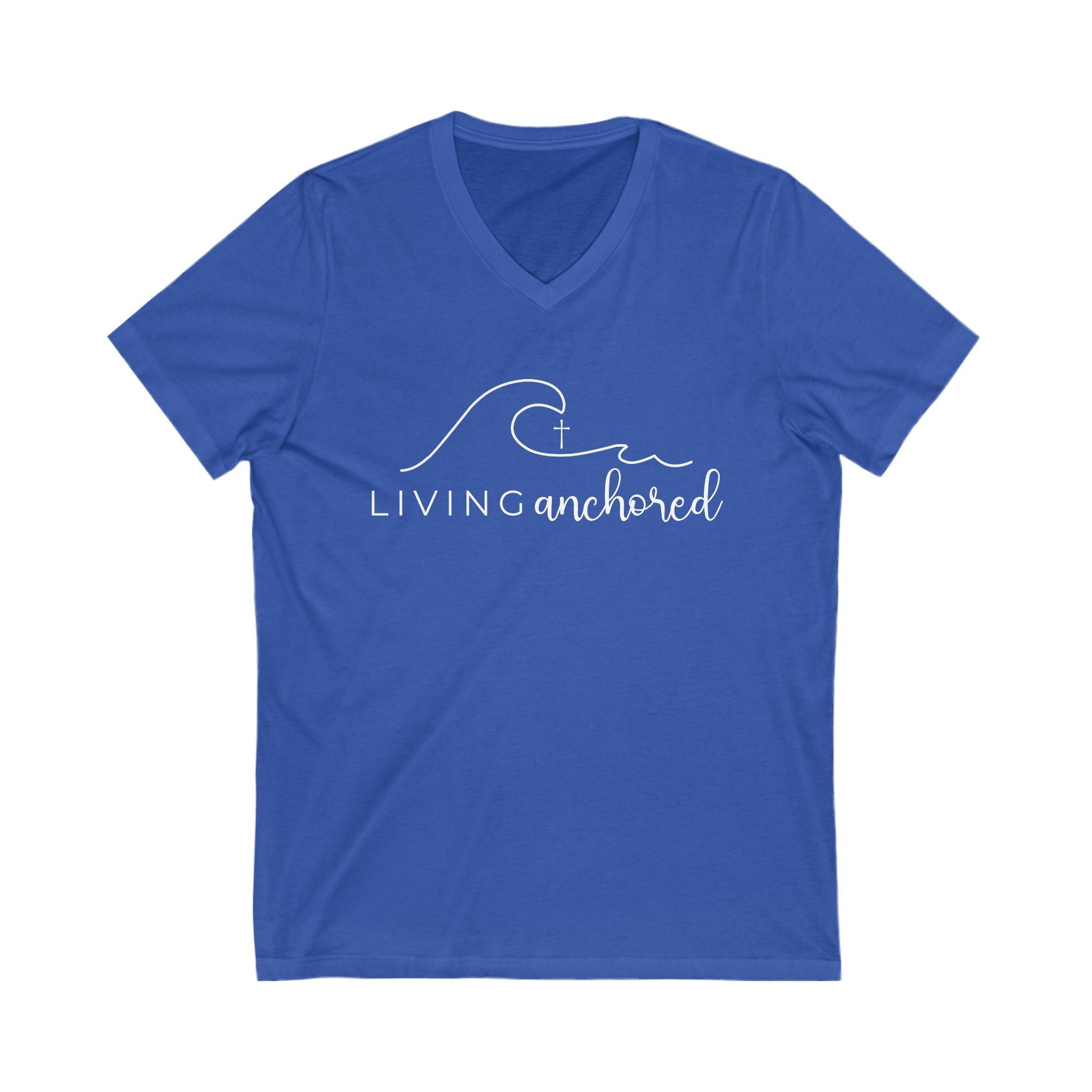 Living Anchored | V-Neck Tee with Psalm 46:5 (White Script)