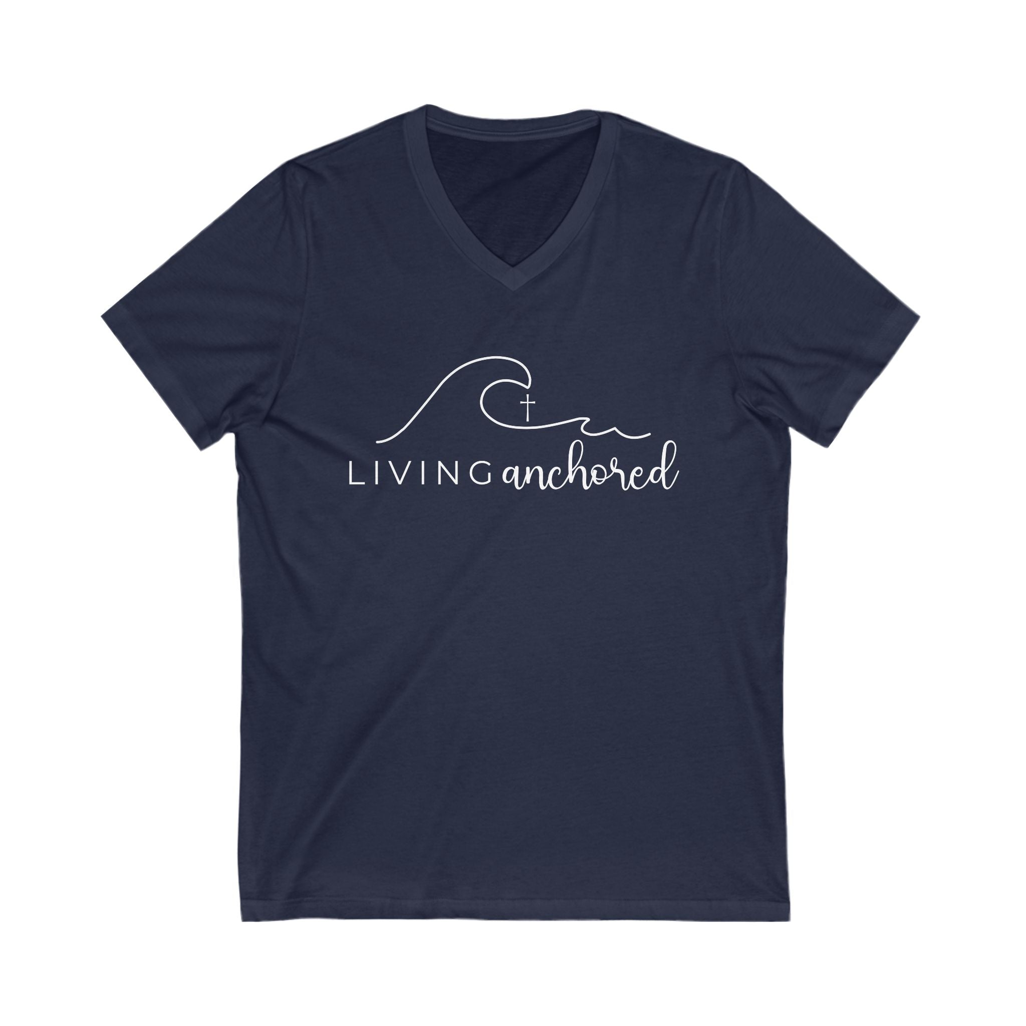 Living Anchored | V-Neck Tee with Psalm 46:5 (White Script)