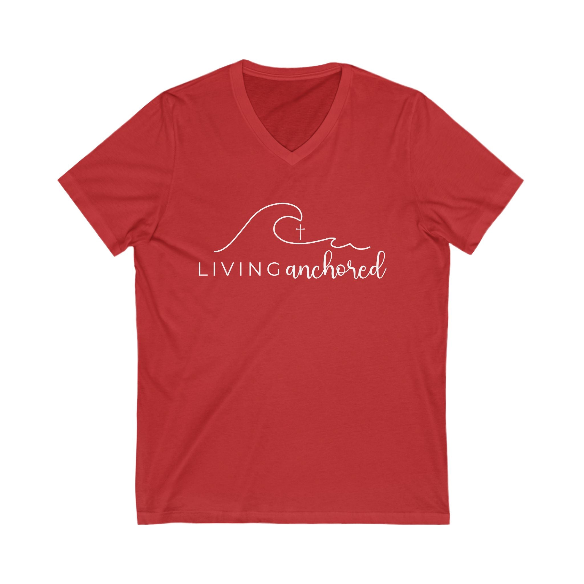 Living Anchored | V-Neck Tee with Psalm 46:5 (White Script)