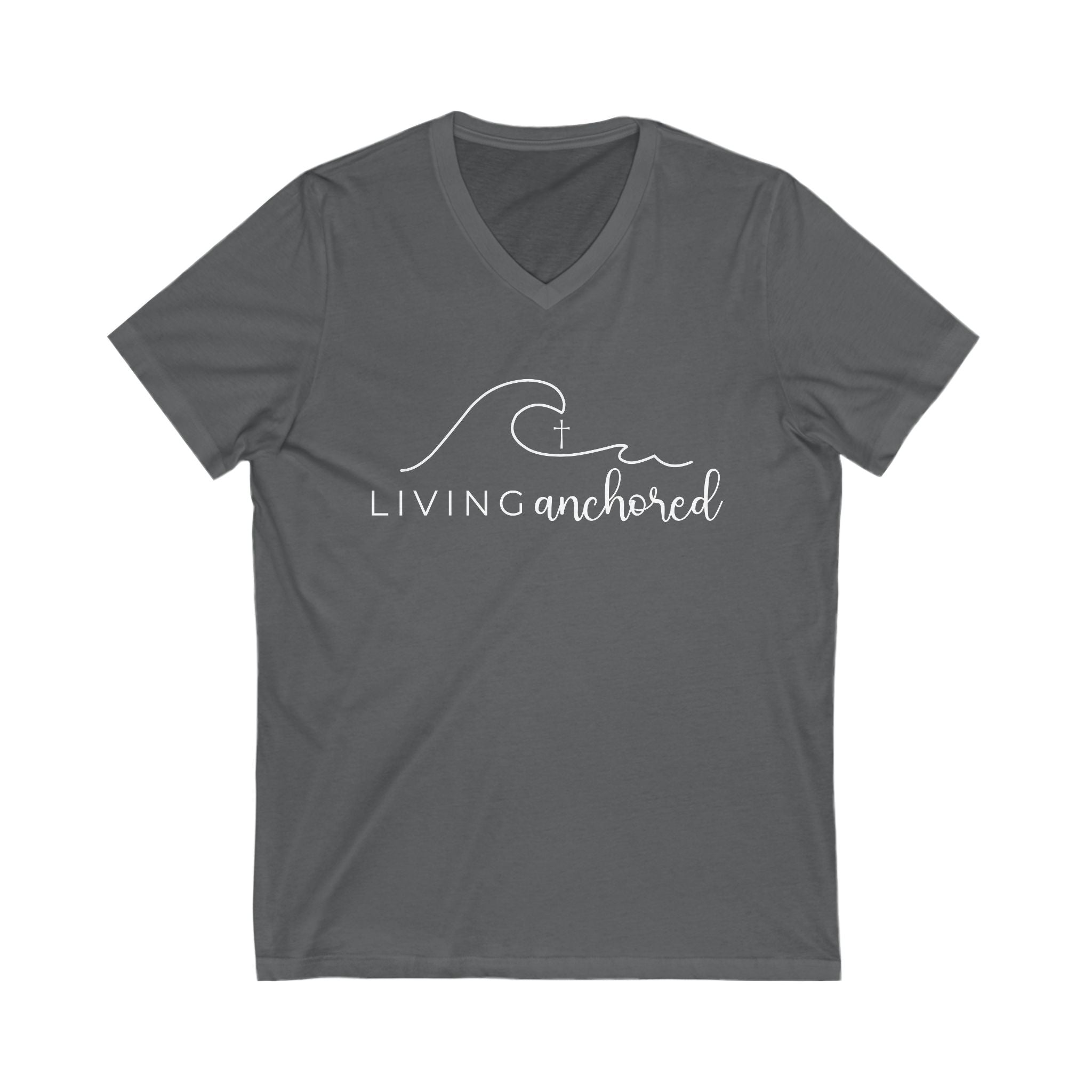 Living Anchored | V-Neck Tee with Psalm 46:5 (White Script)