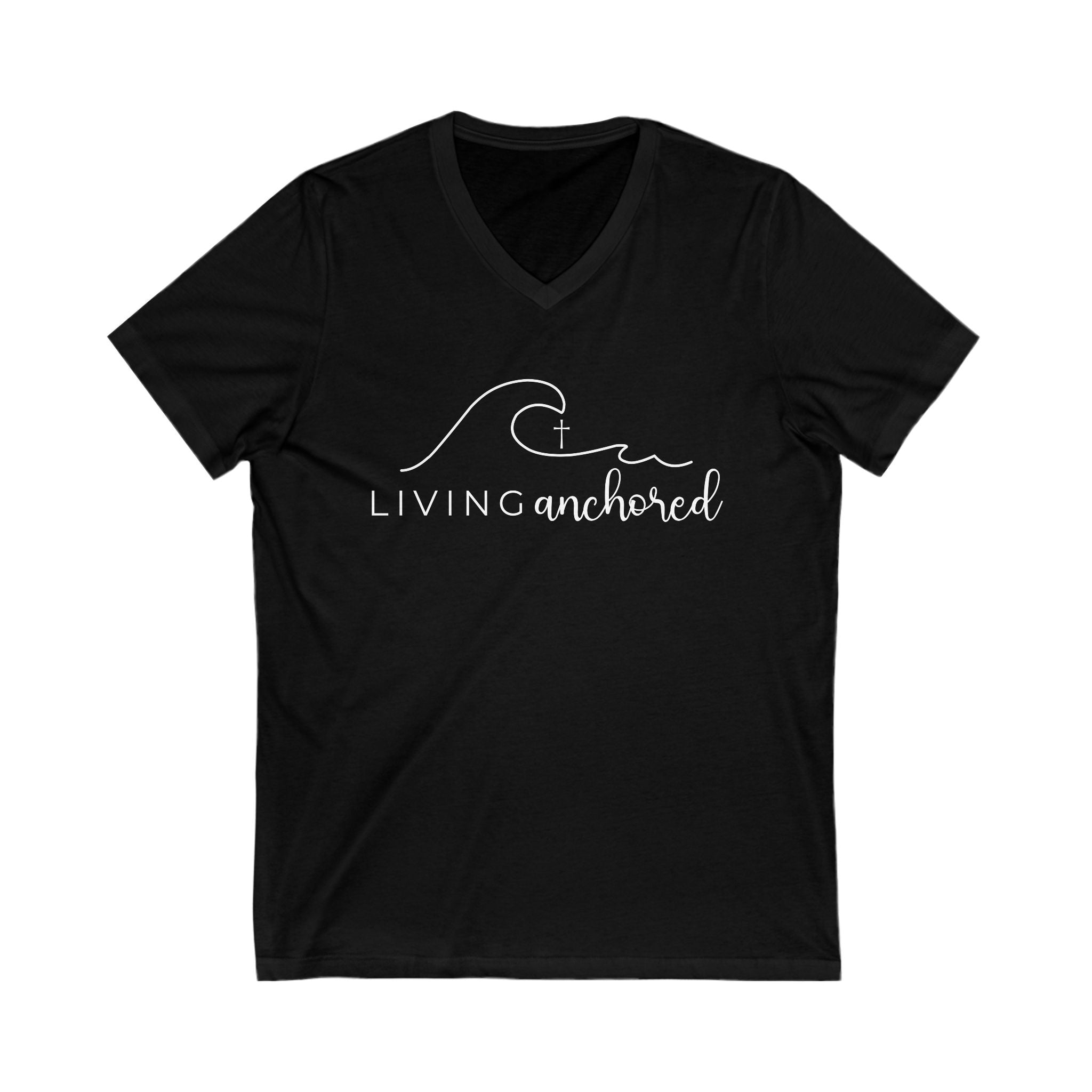 Living Anchored | V-Neck Tee with Psalm 46:5 (White Script)