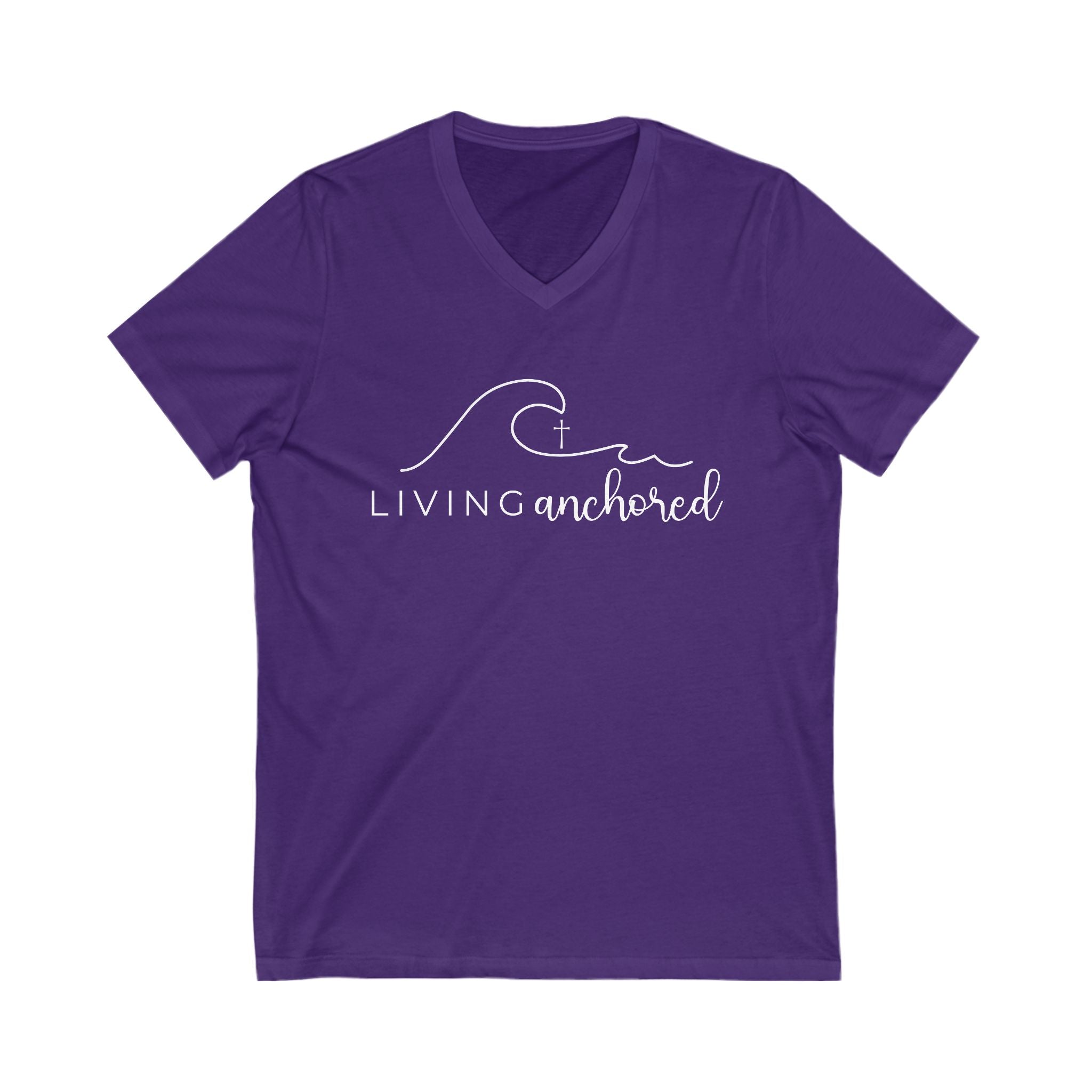 Living Anchored | V-Neck Tee with Psalm 46:5 (White Script)