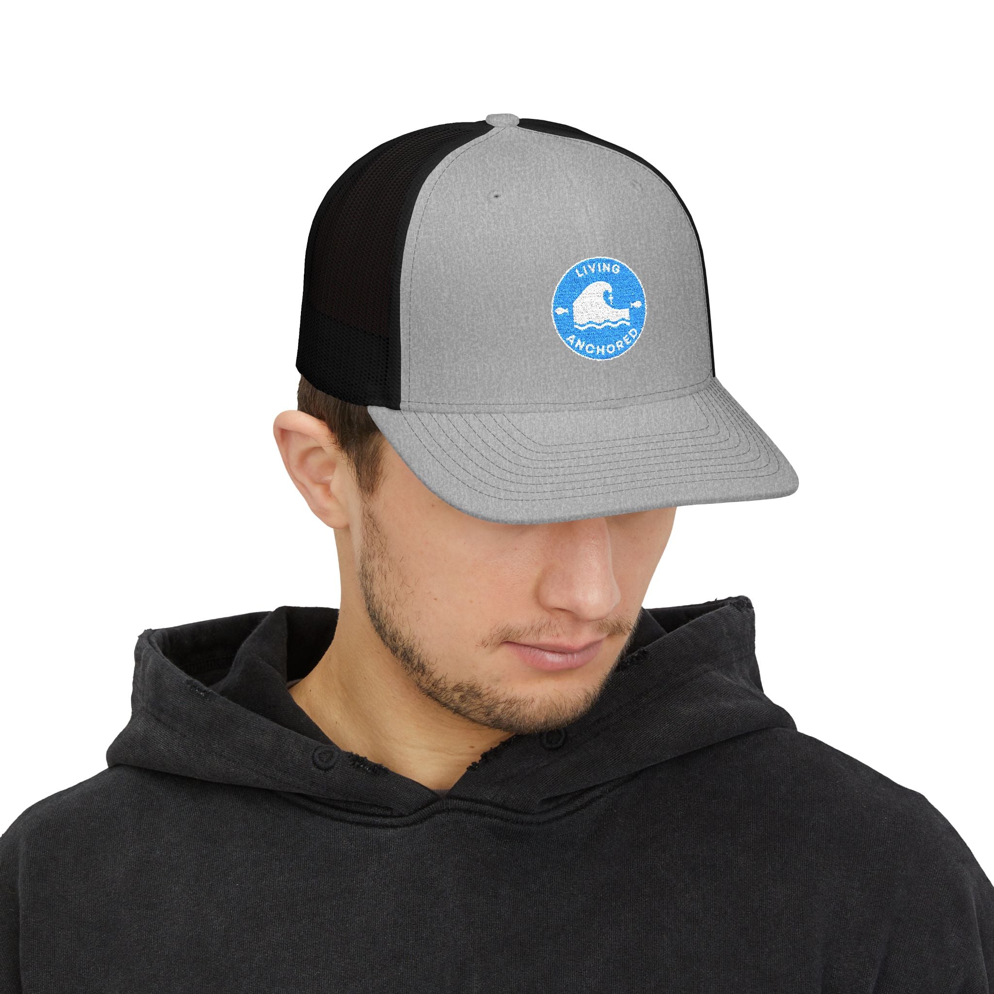 Living Anchored | Embroidered Snapback Trucker Cap (Blue & White Patch)
