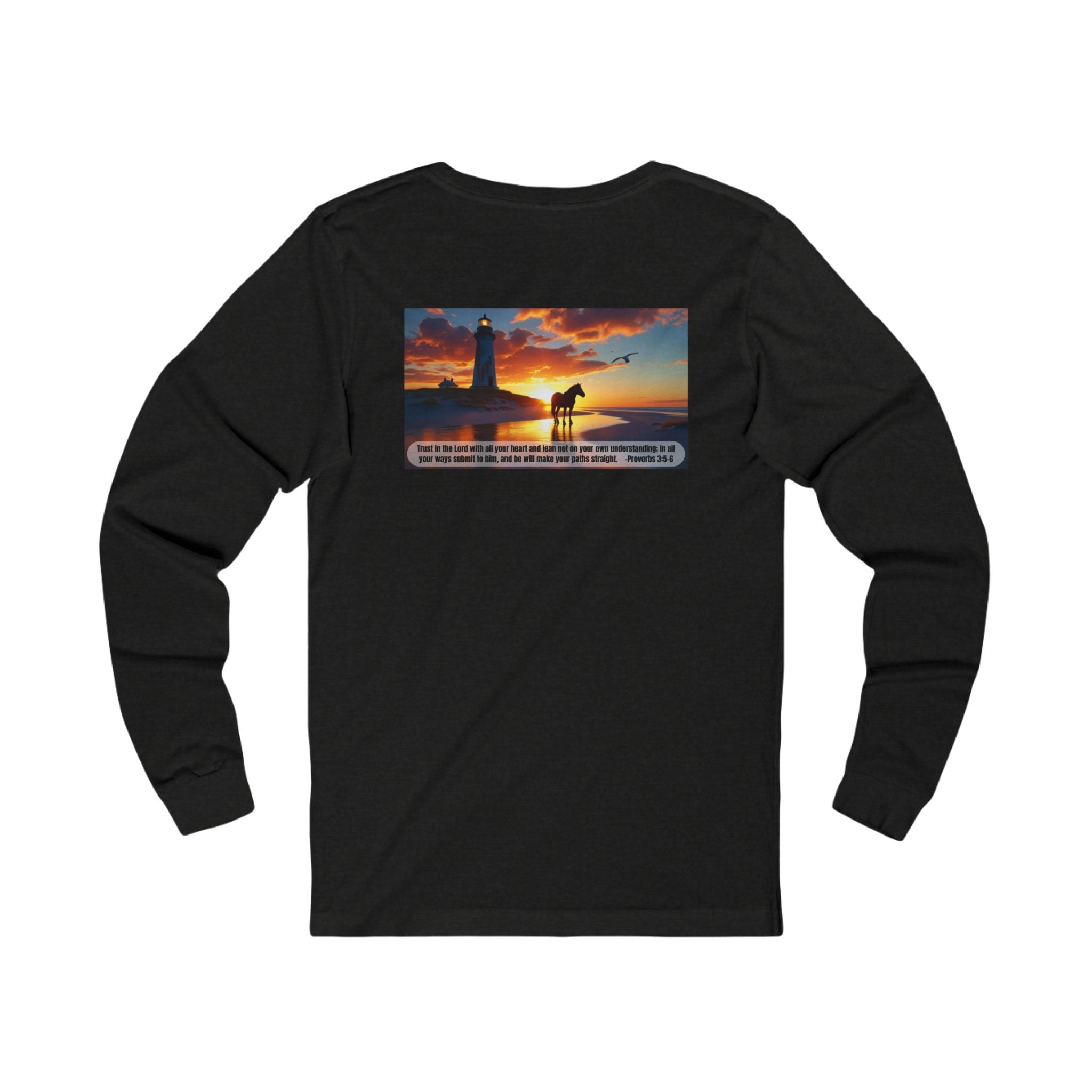 Living Anchored Jersey Long Sleeve Tee – Proverbs 3:5-6 Horse & Lighthouse Design