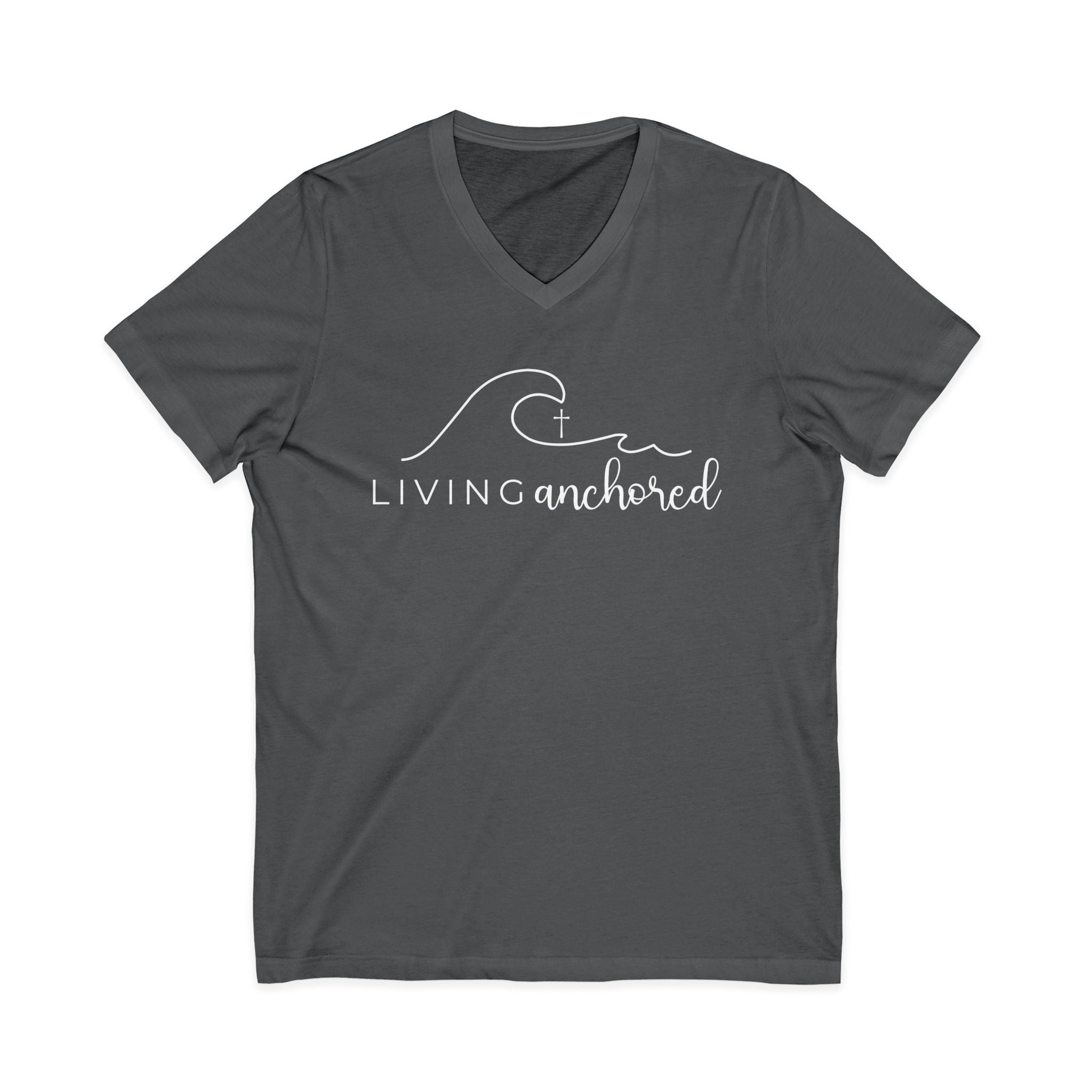 Copy of Living Anchored | V-Neck Tee with Psalm 46:5 (White Script)