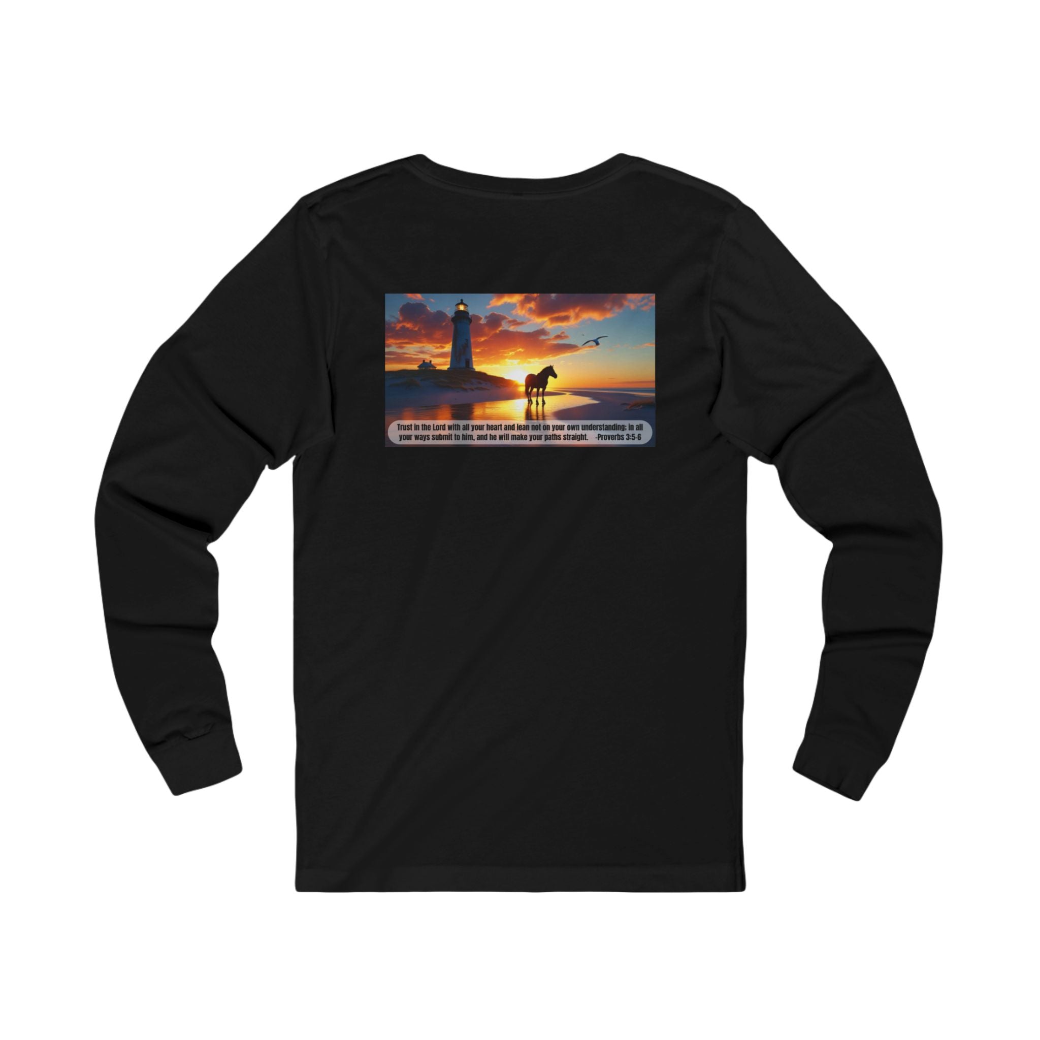Living Anchored Jersey Long Sleeve Tee – Proverbs 3:5-6 Horse & Lighthouse Design