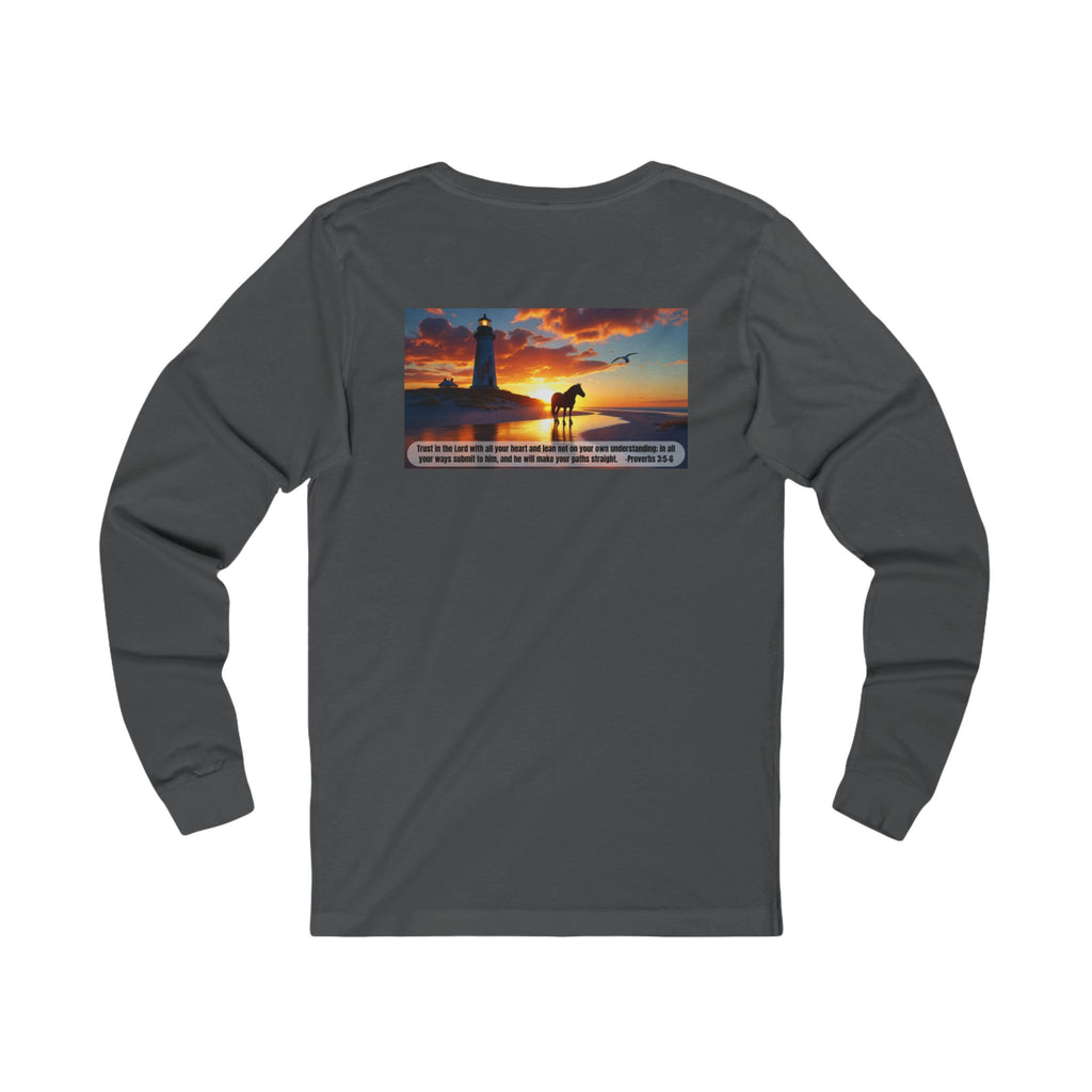 Living Anchored Jersey Long Sleeve Tee – Proverbs 3:5-6 Horse & Lighthouse Design