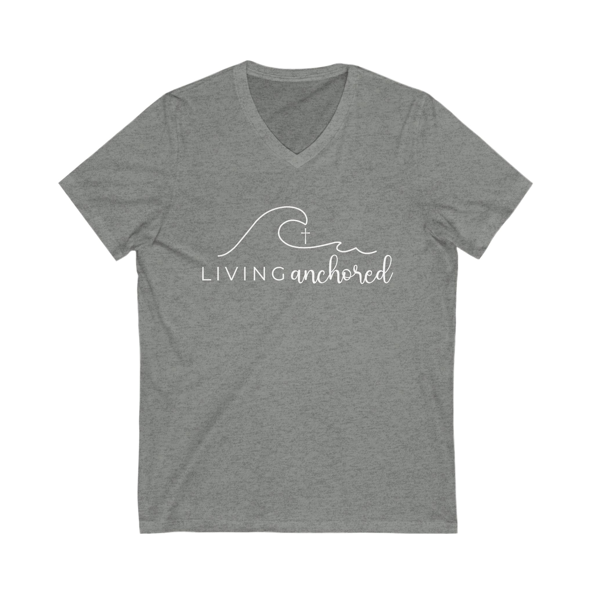 Living Anchored | V-Neck Tee with Psalm 46:5 (White Script)