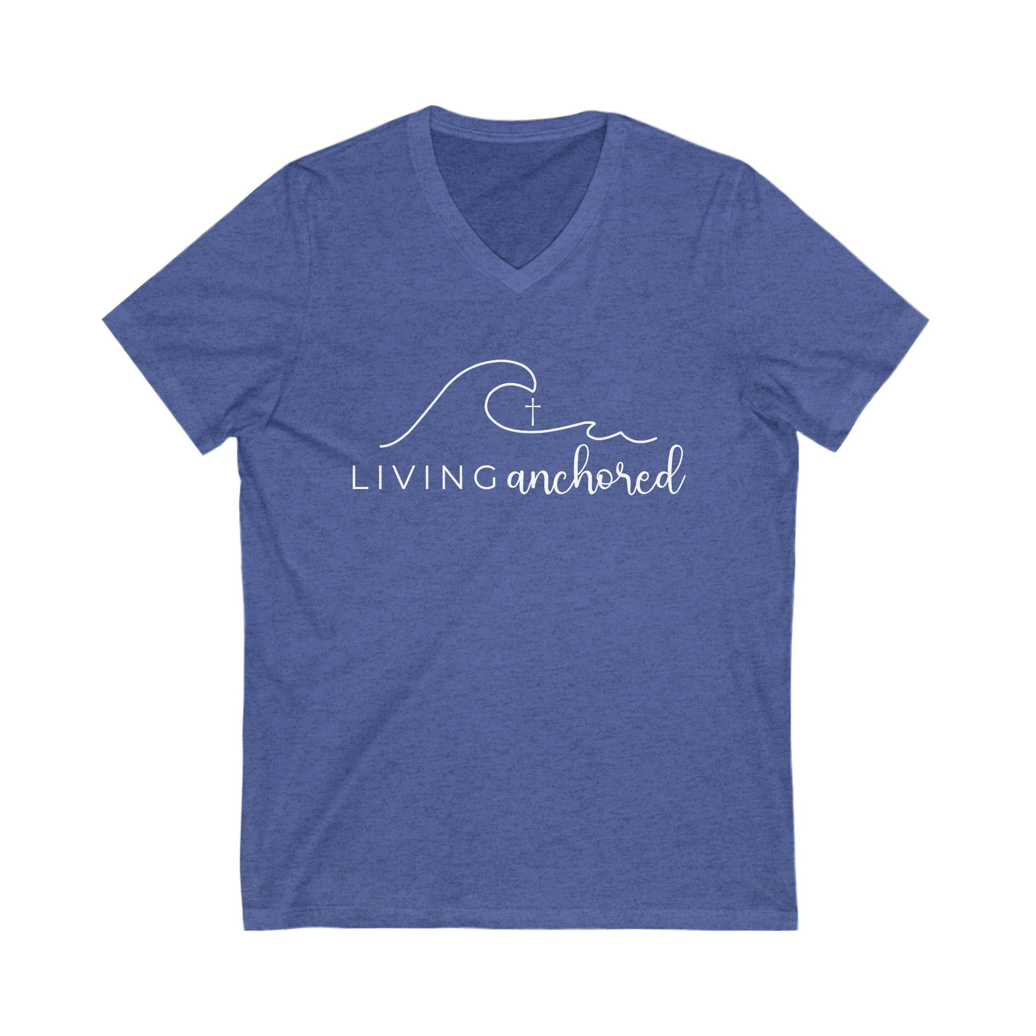 Living Anchored | V-Neck Tee with Psalm 46:5 (White Script)
