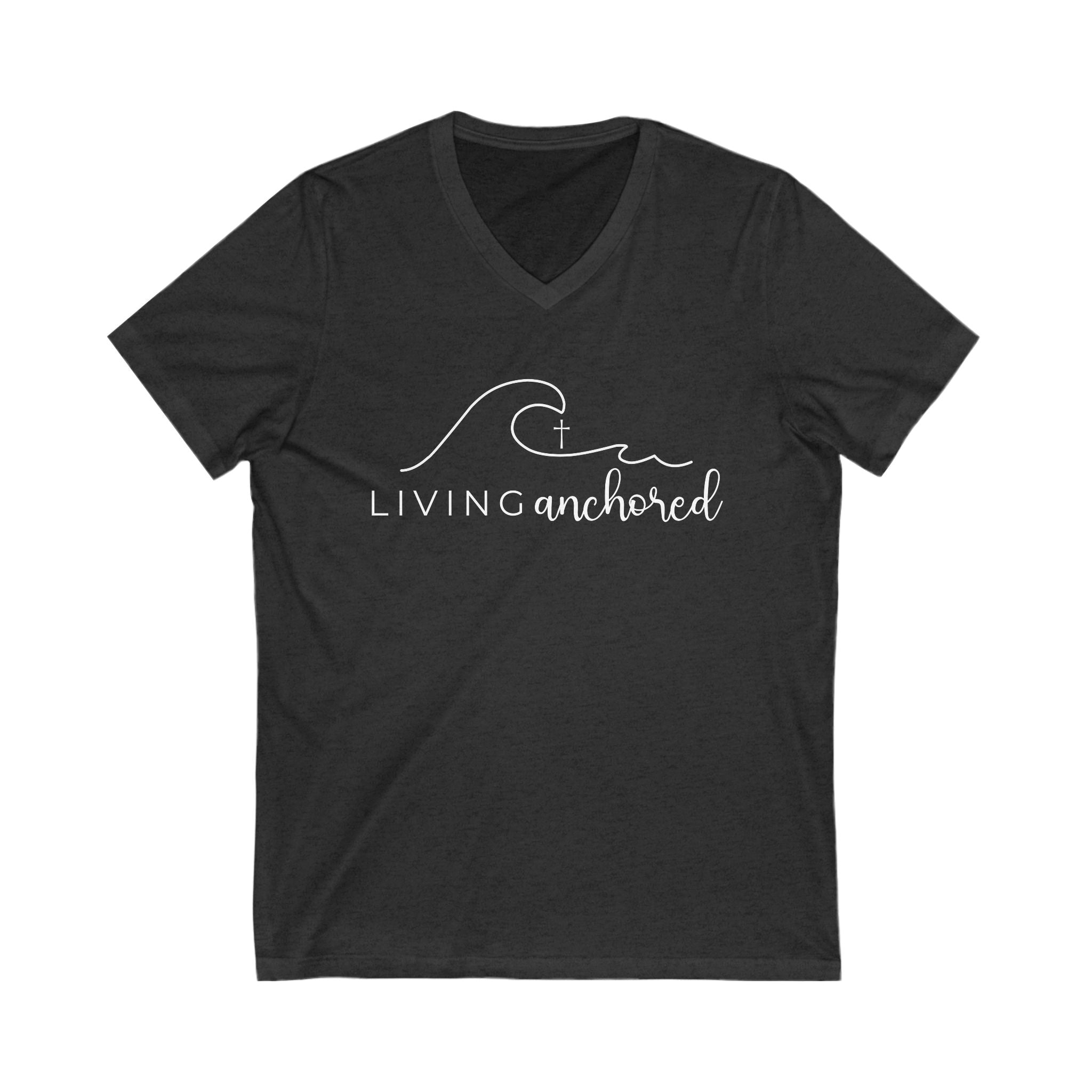 Living Anchored | V-Neck Tee with Psalm 46:5 (White Script)