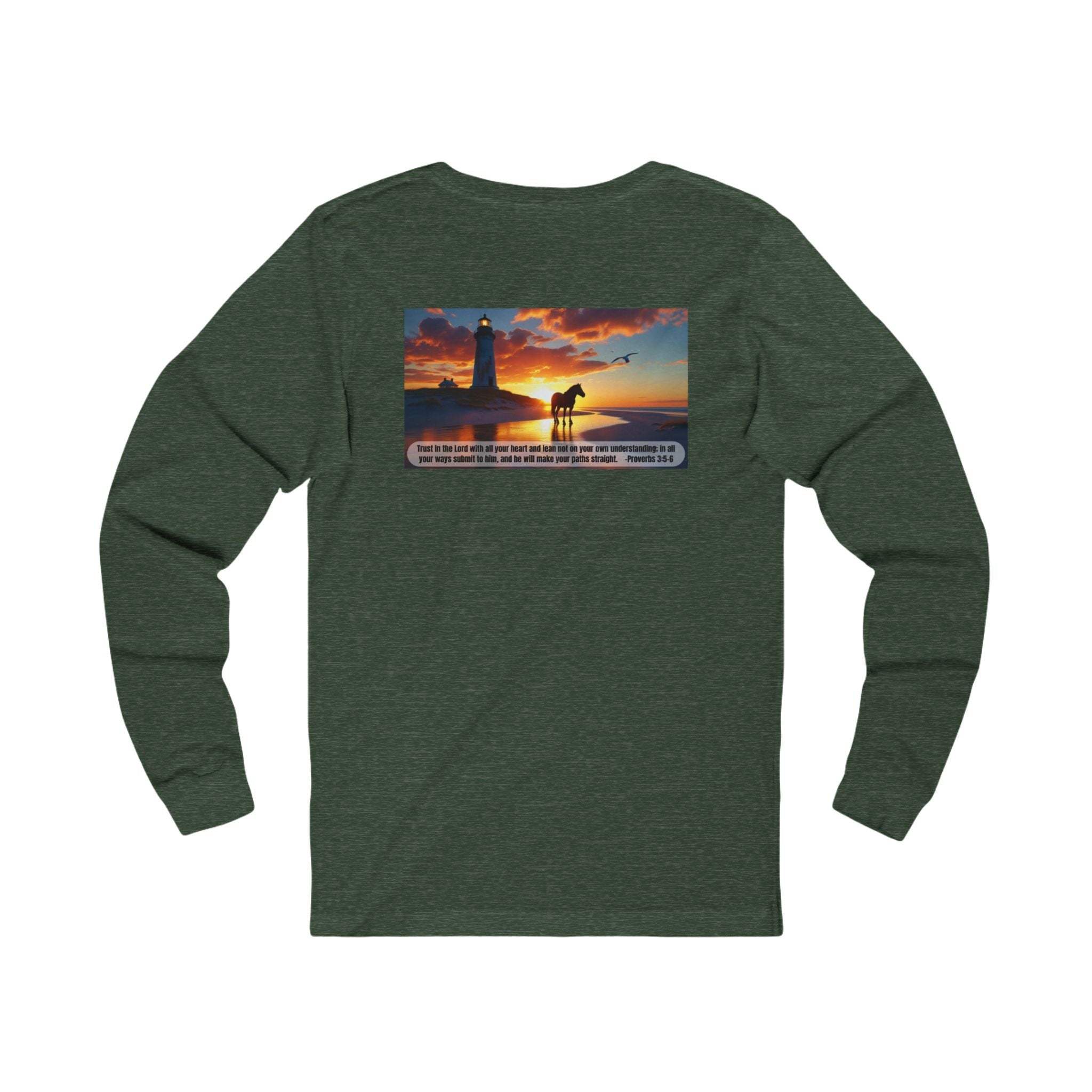 Living Anchored Jersey Long Sleeve Tee – Proverbs 3:5-6 Horse & Lighthouse Design