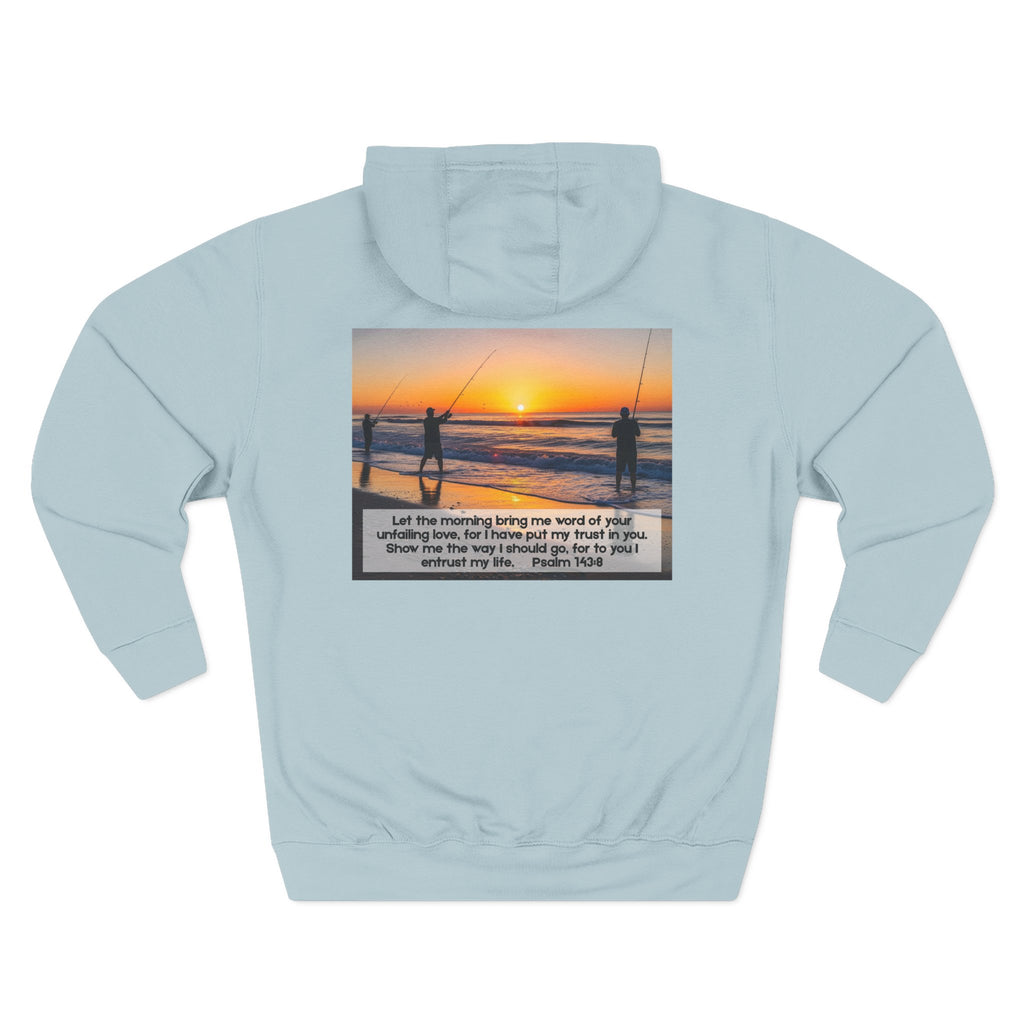 Living Anchored Fleece Hoodie – Fishing Sunset with Psalm 143:8