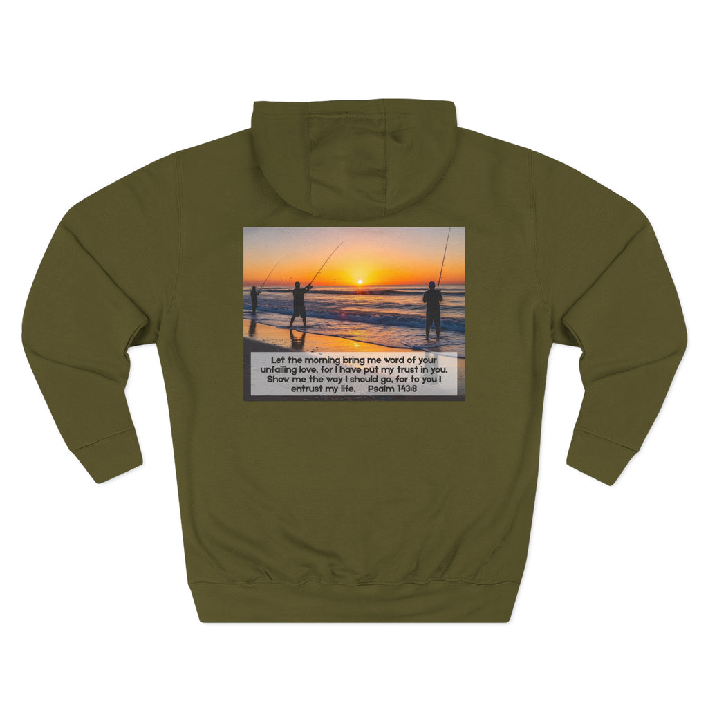 Living Anchored Fleece Hoodie – Fishing Sunset with Psalm 143:8