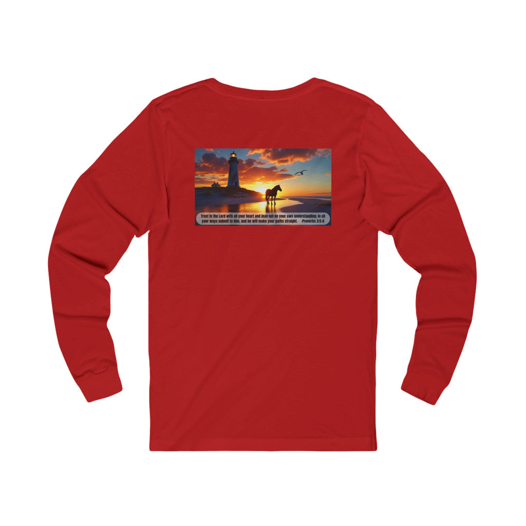 Living Anchored Jersey Long Sleeve Tee – Proverbs 3:5-6 Horse & Lighthouse Design