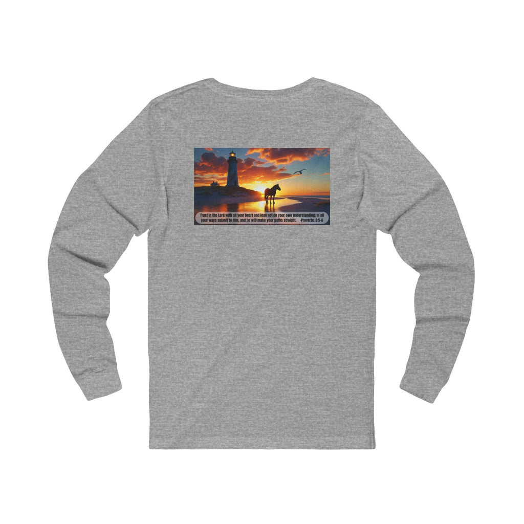 Living Anchored Jersey Long Sleeve Tee – Proverbs 3:5-6 Horse & Lighthouse Design