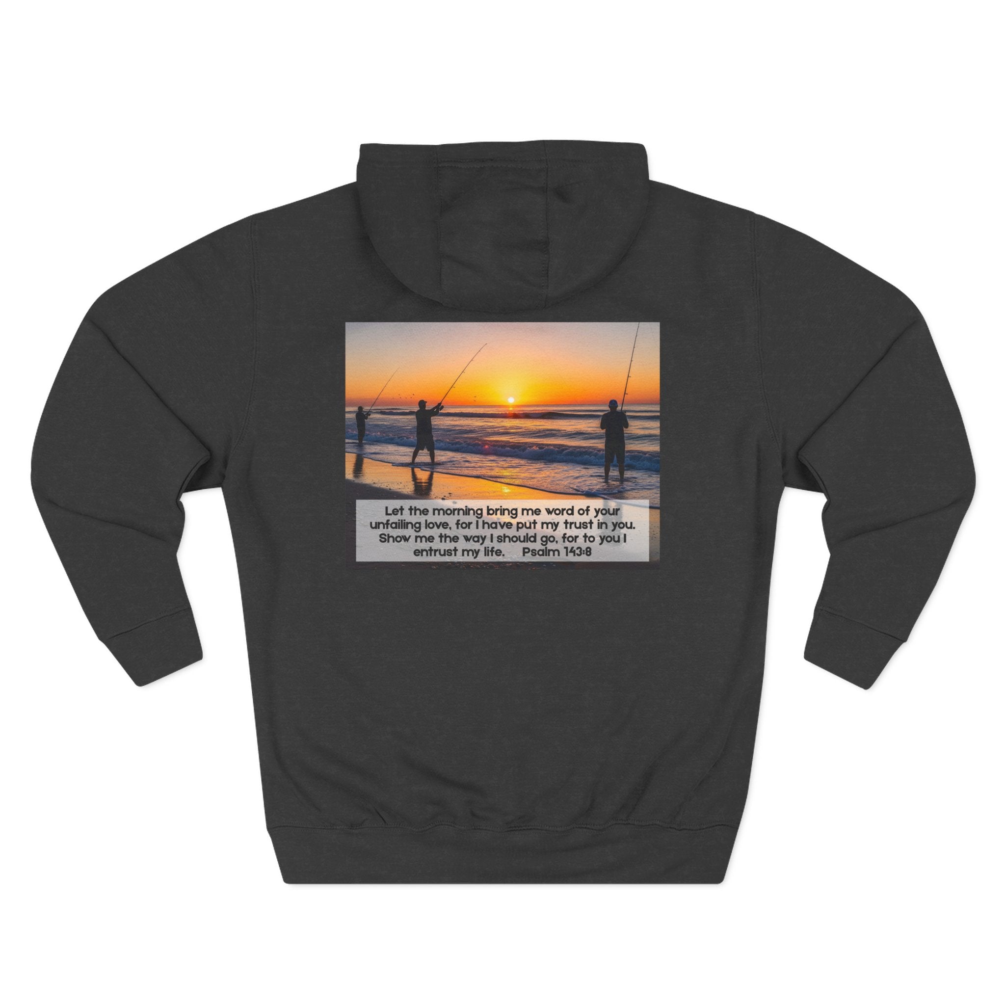 Living Anchored Fleece Hoodie – Fishing Sunset with Psalm 143:8