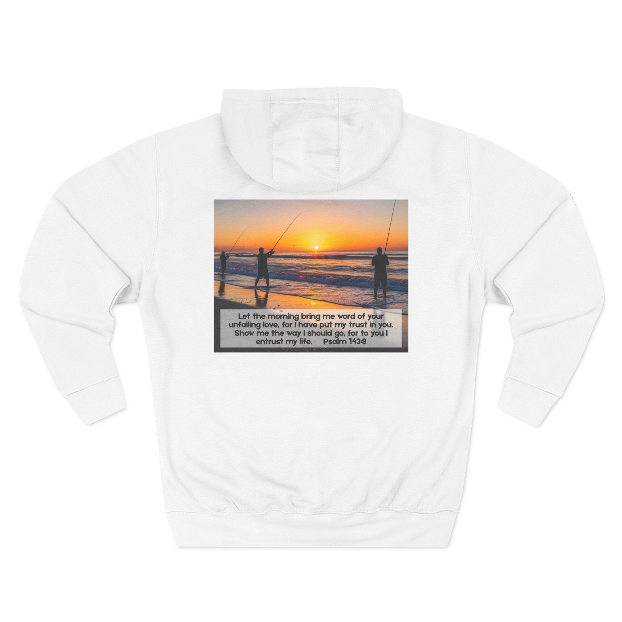 Living Anchored Fleece Hoodie – Fishing Sunset with Psalm 143:8