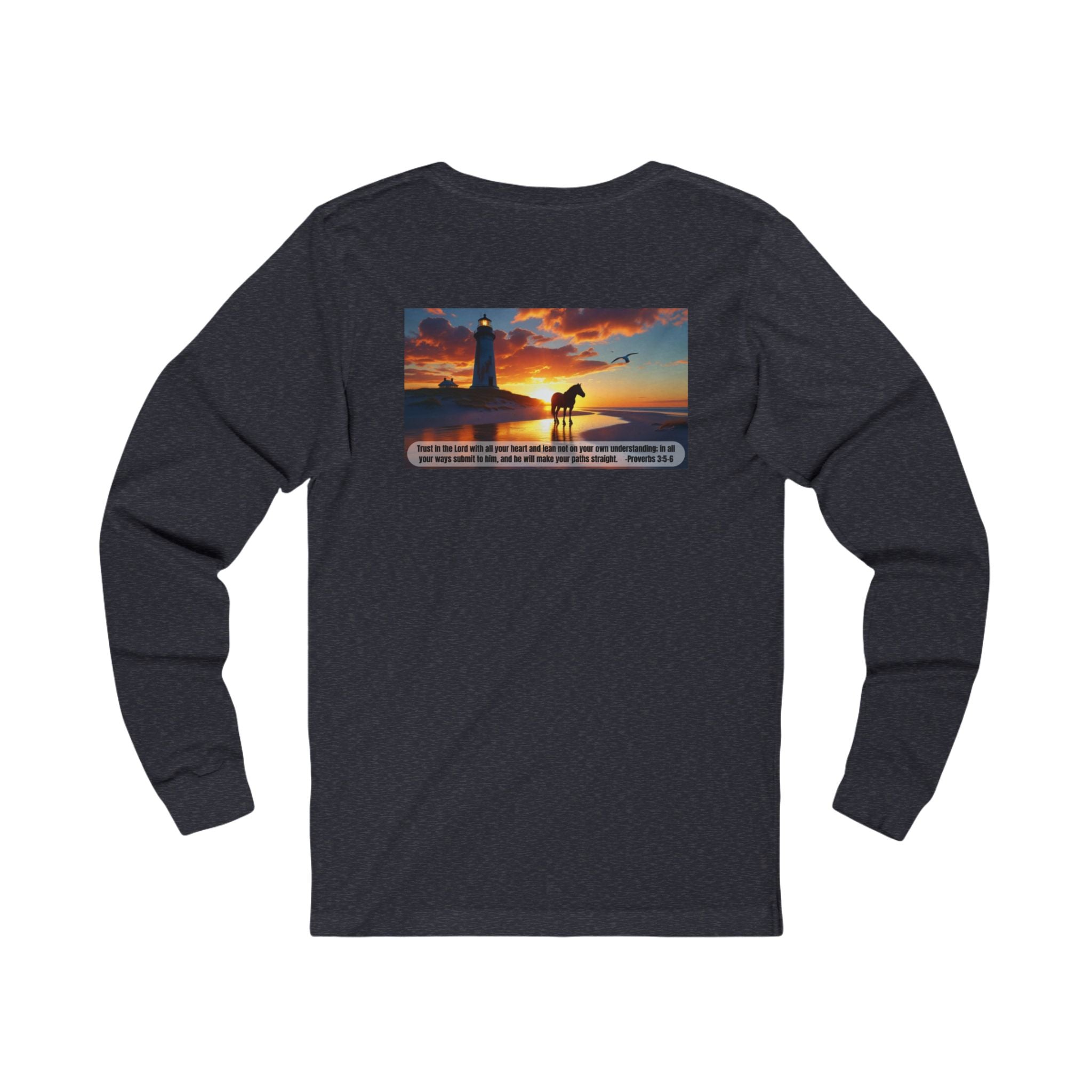 Living Anchored Jersey Long Sleeve Tee – Proverbs 3:5-6 Horse & Lighthouse Design