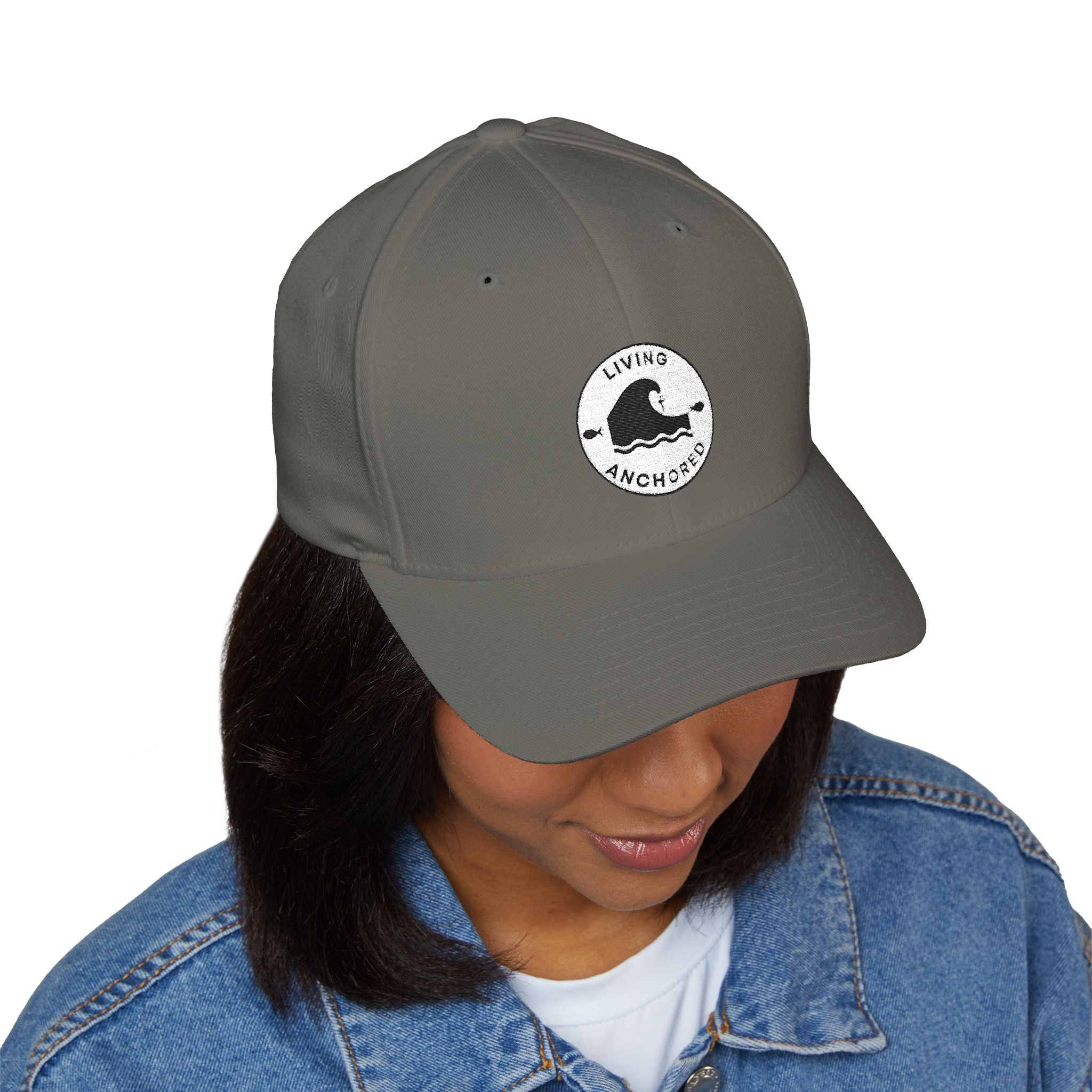 Living Anchored | Embroidered Closed-Back Cap (White Logo Back)