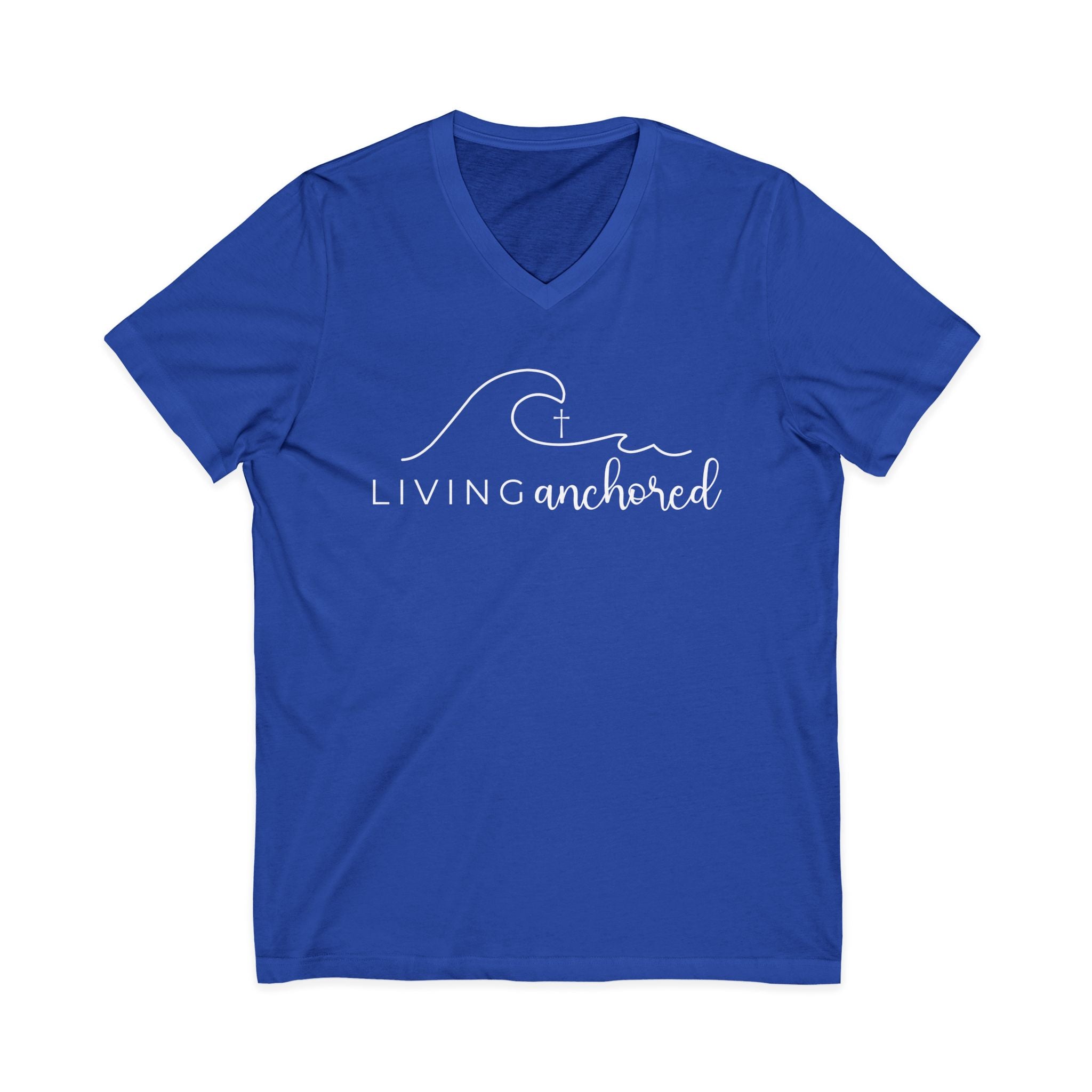 Copy of Living Anchored | V-Neck Tee with Psalm 46:5 (White Script)