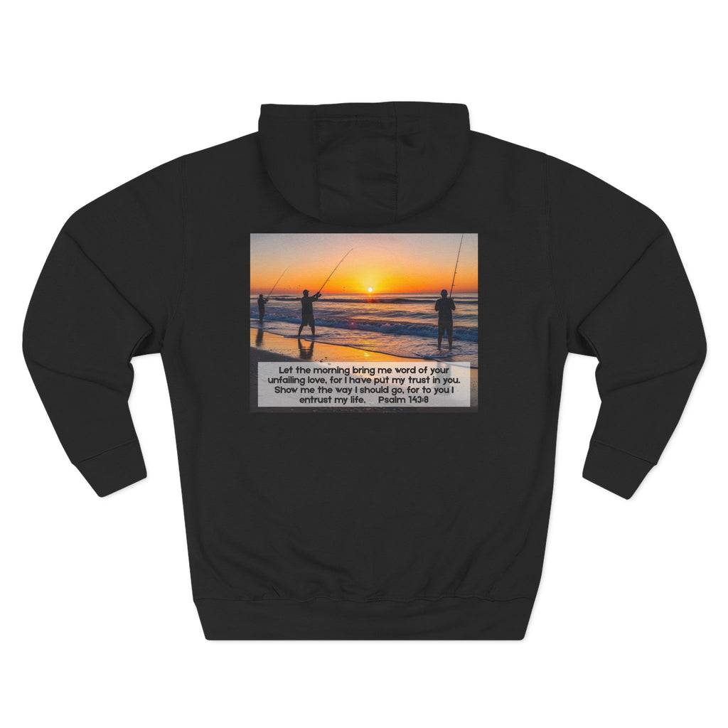 Living Anchored Fleece Hoodie – Fishing Sunset with Psalm 143:8