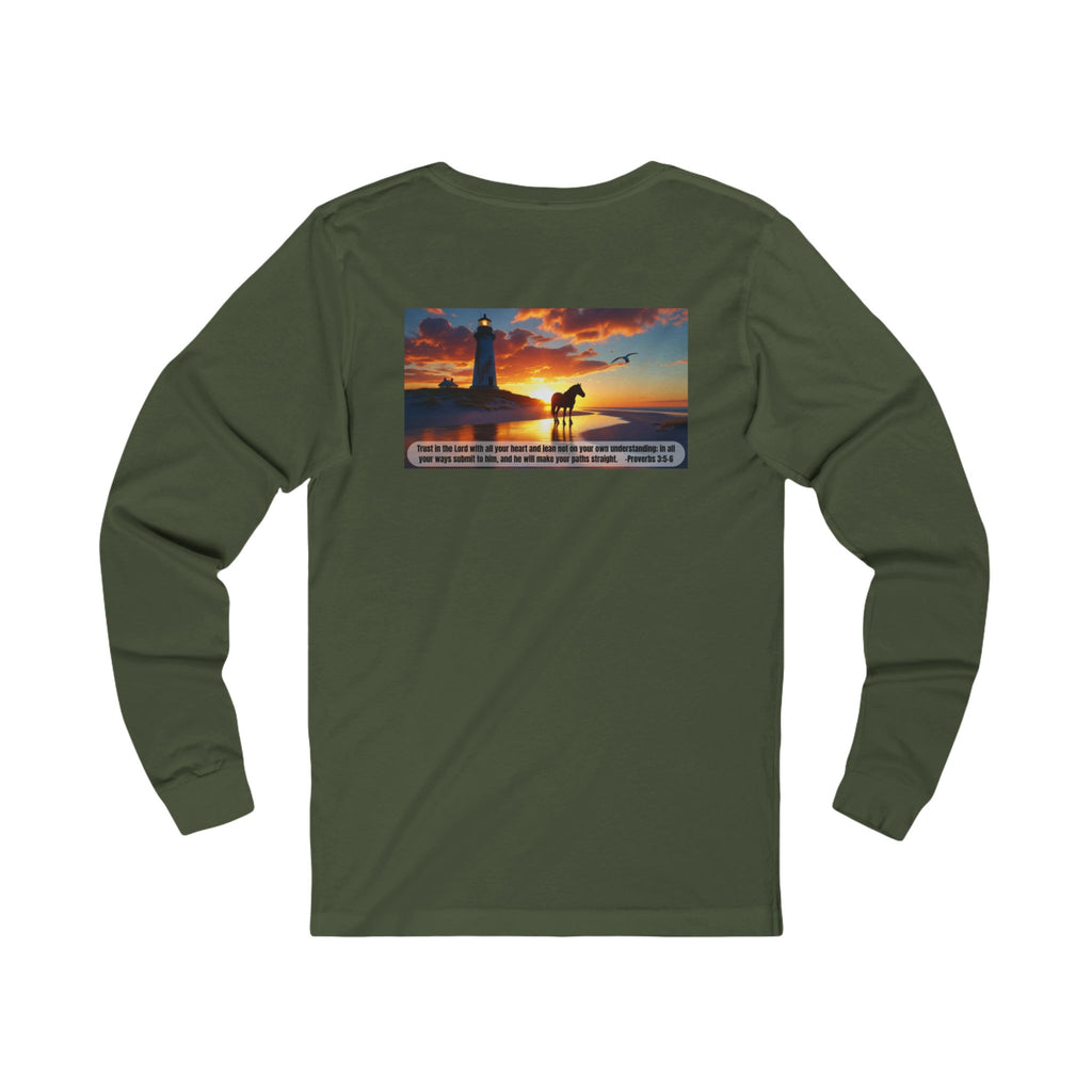 Living Anchored Jersey Long Sleeve Tee – Proverbs 3:5-6 Horse & Lighthouse Design
