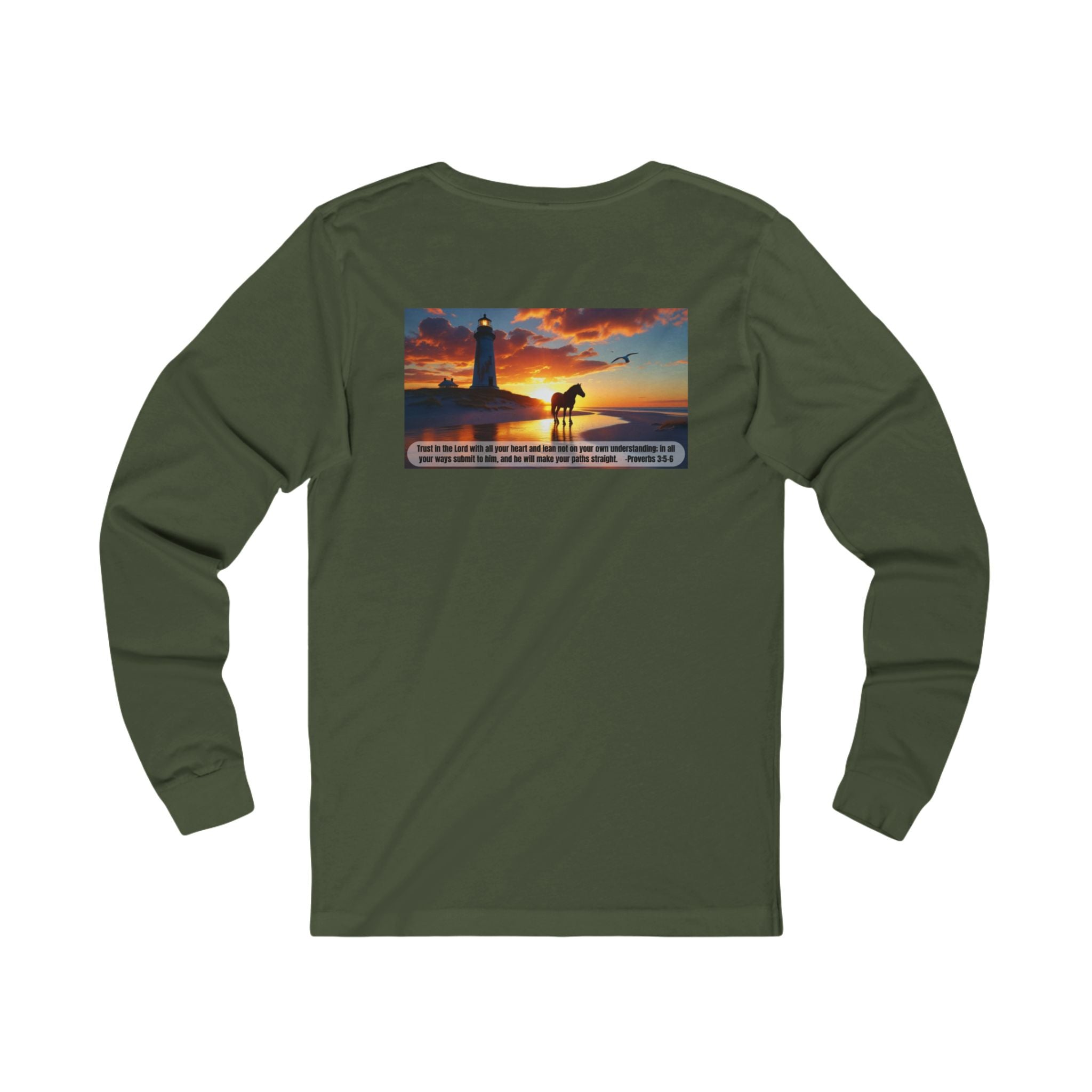 Living Anchored Jersey Long Sleeve Tee – Proverbs 3:5-6 Horse & Lighthouse Design