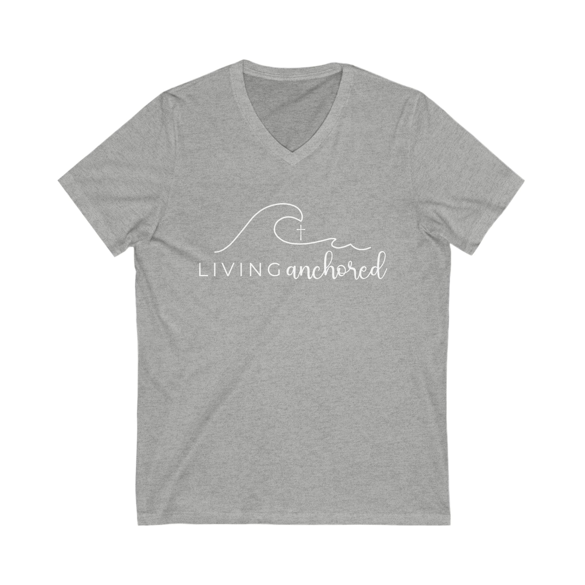 Living Anchored | V-Neck Tee with Psalm 46:5 (White Script)