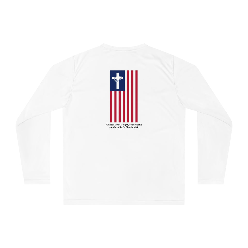 Women’s Performance Long Sleeve Shirt – ABIDE- Charlie Kirk Tribute in White