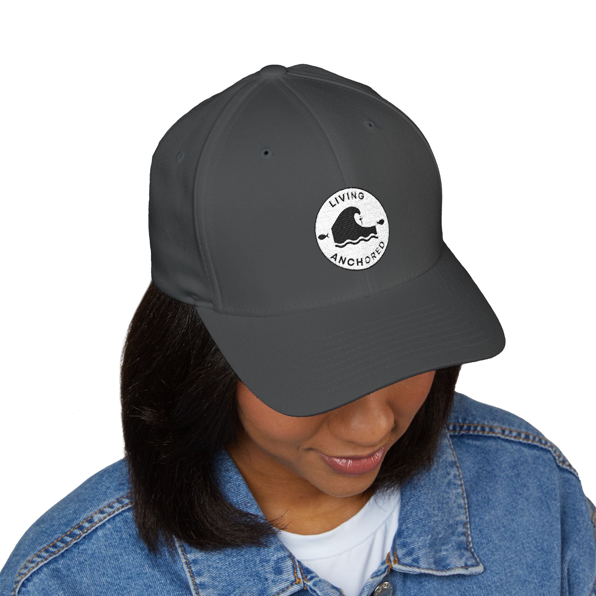 Living Anchored | Embroidered Closed-Back Cap (White Logo Back)