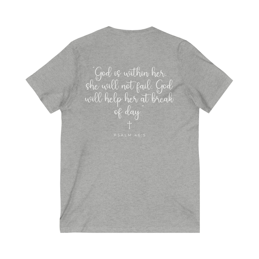 Living Anchored | V-Neck Tee with Psalm 46:5 (White Script)