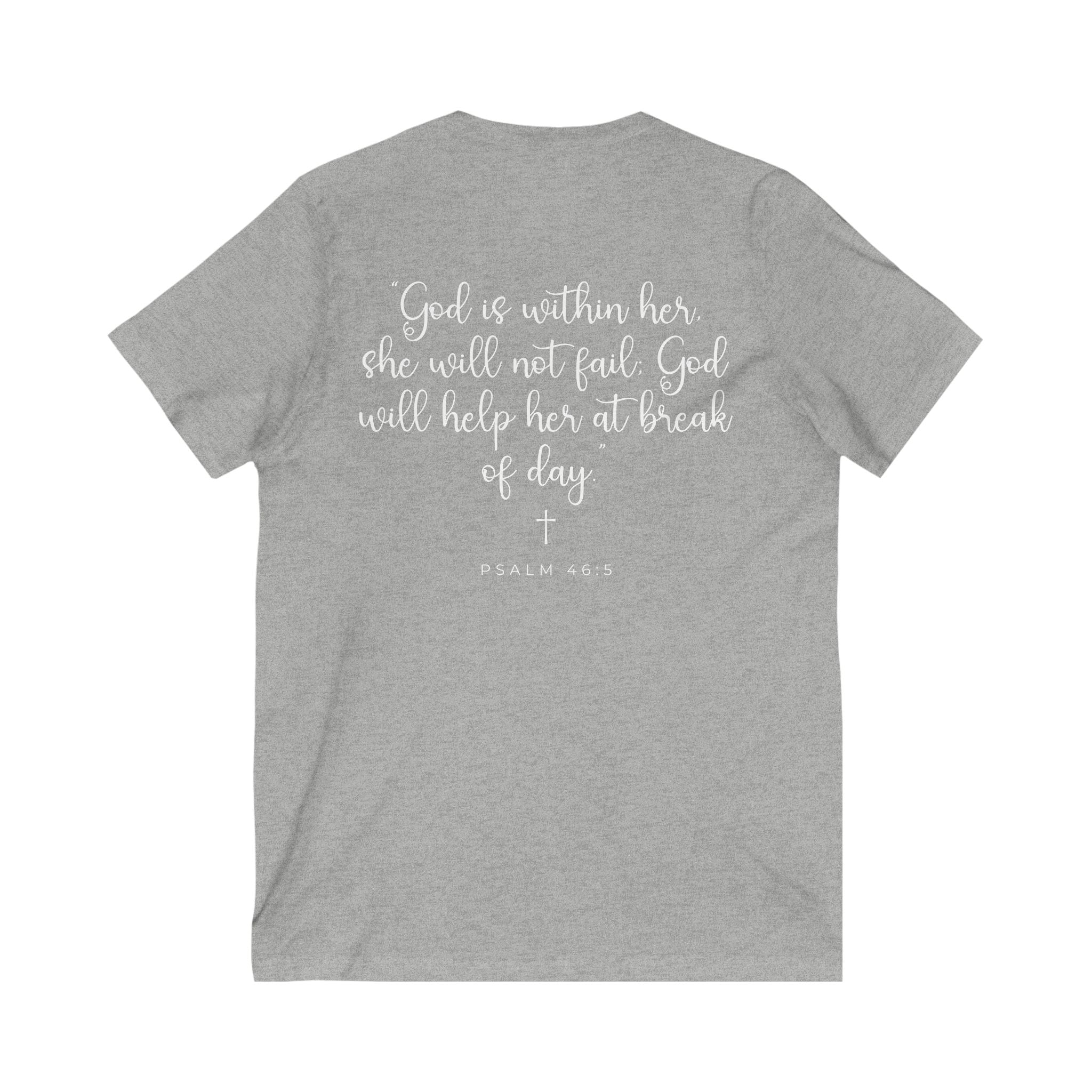 Living Anchored | V-Neck Tee with Psalm 46:5 (White Script)