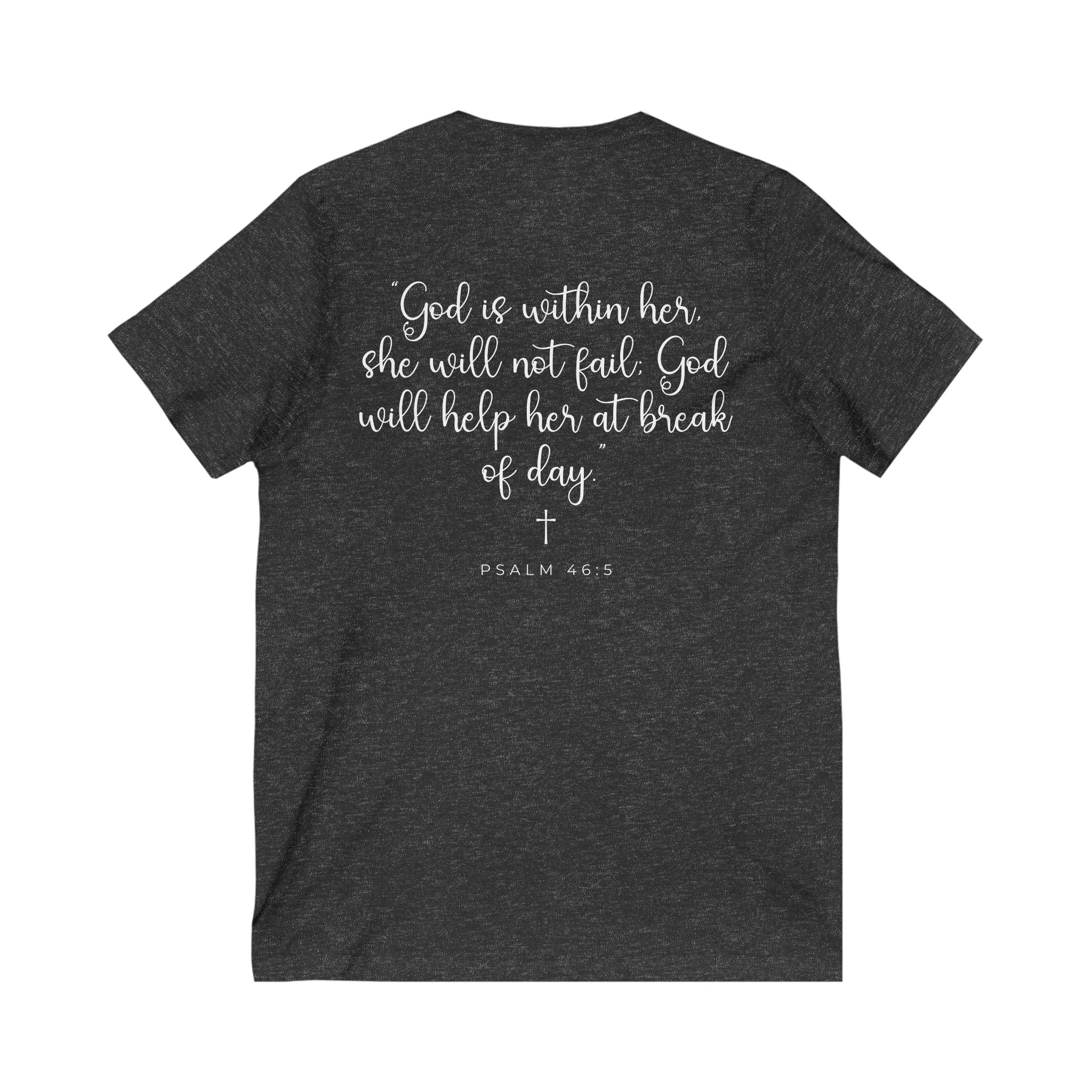 Living Anchored | V-Neck Tee with Psalm 46:5 (White Script)