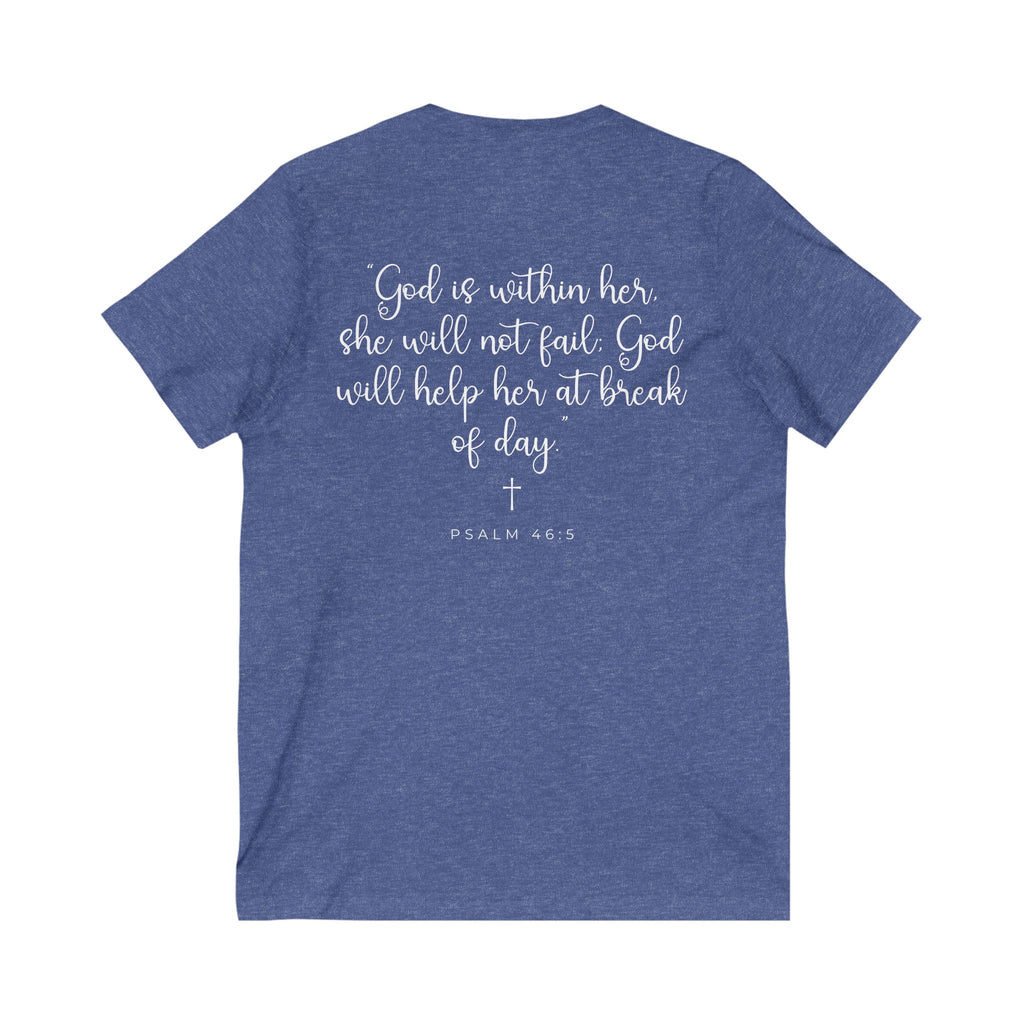 Living Anchored | V-Neck Tee with Psalm 46:5 (White Script)