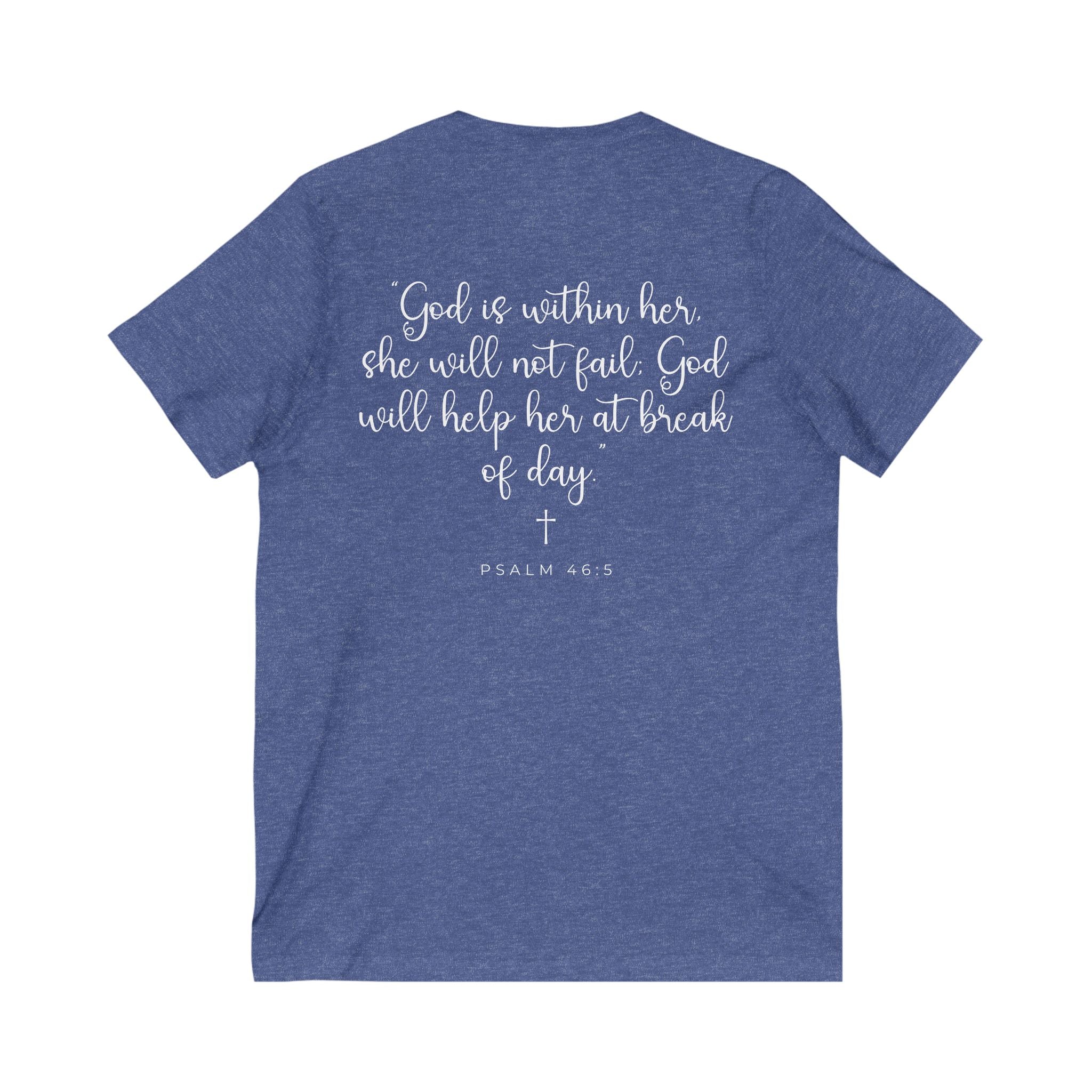 Living Anchored | V-Neck Tee with Psalm 46:5 (White Script)